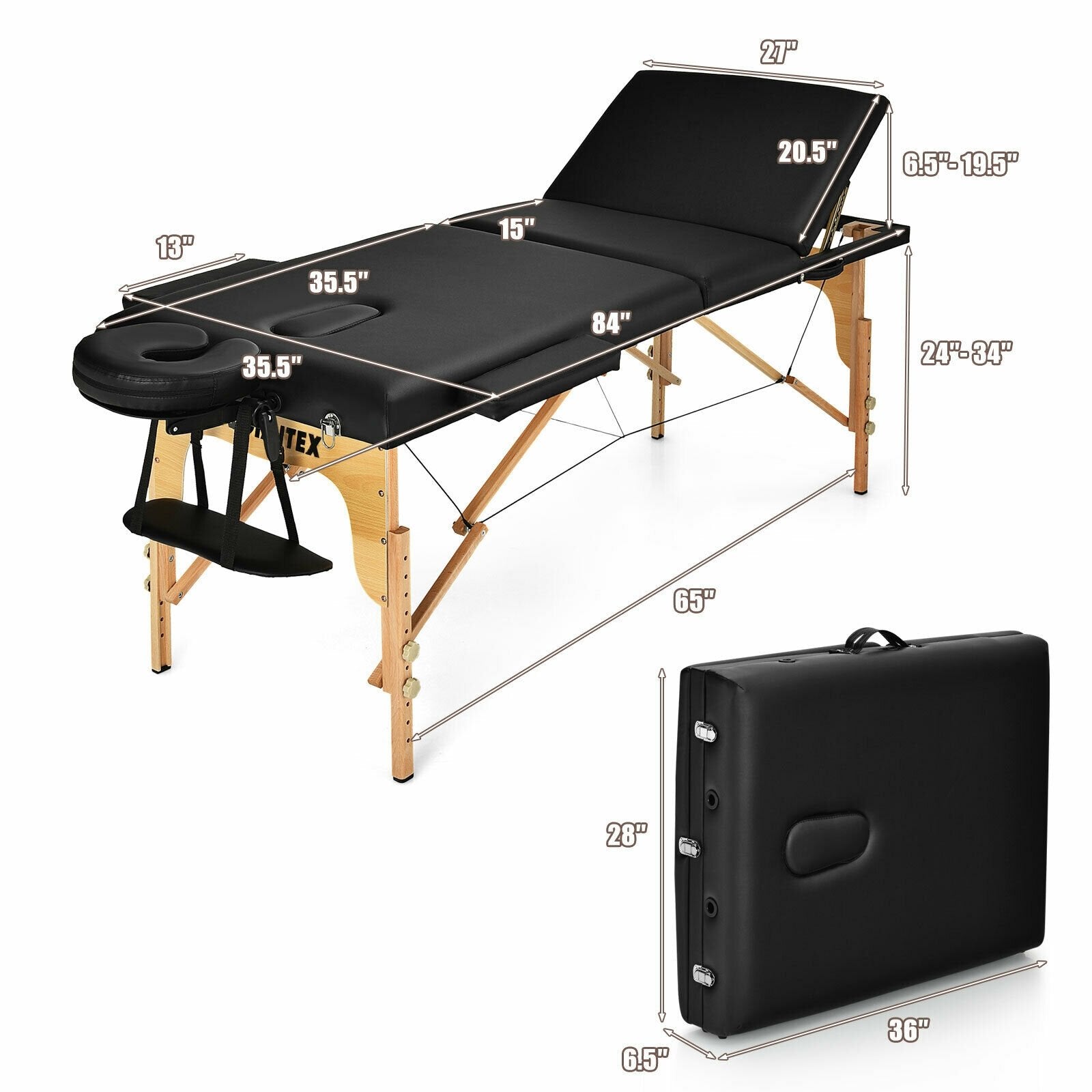 3 Fold Portable Adjustable Massage Table with Carry Case, Black Spa & Salon   at Gallery Canada