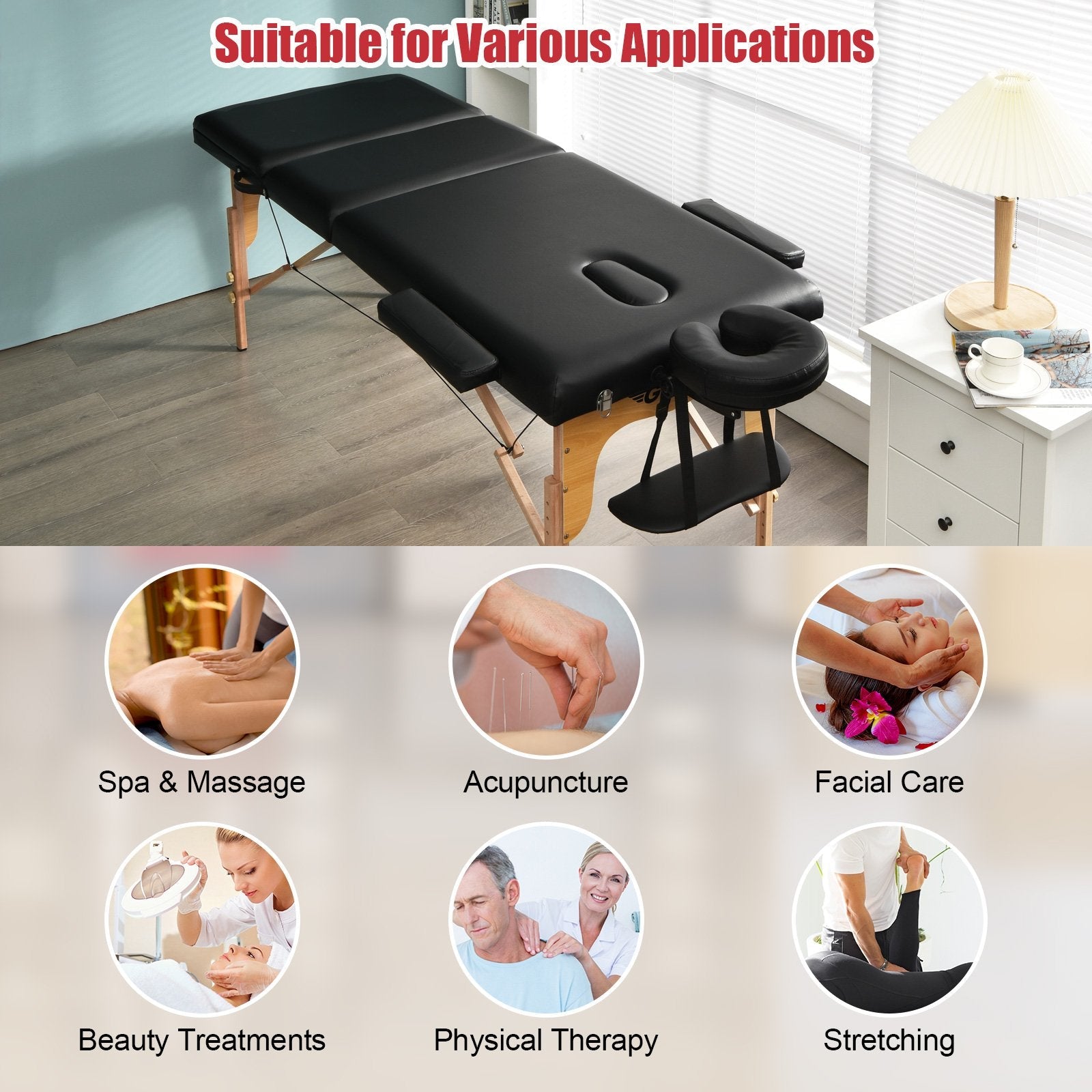 3 Fold Portable Adjustable Massage Table with Carry Case, Black Spa & Salon   at Gallery Canada