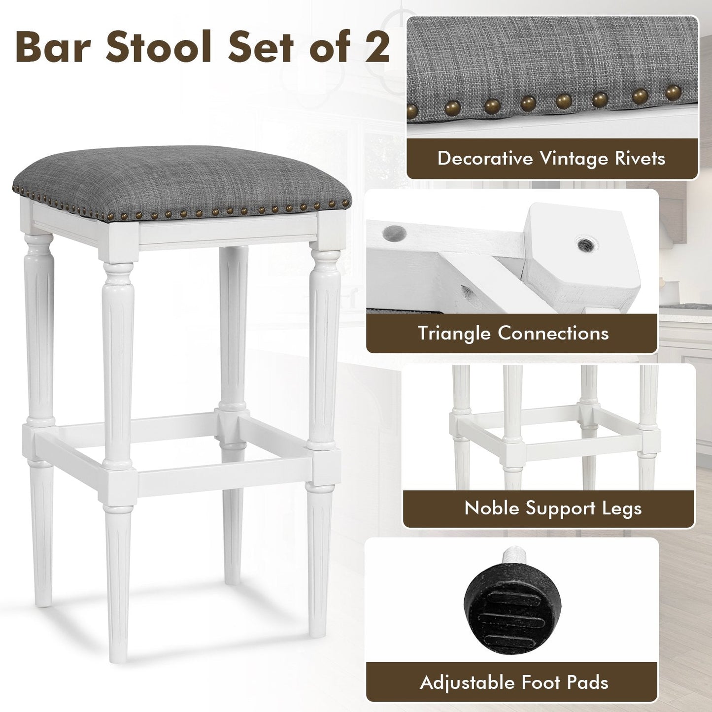 3 Heights Square Saddle Stool Set of 2 with Footrests and Padded Seats, Gray Bar Stools   at Gallery Canada