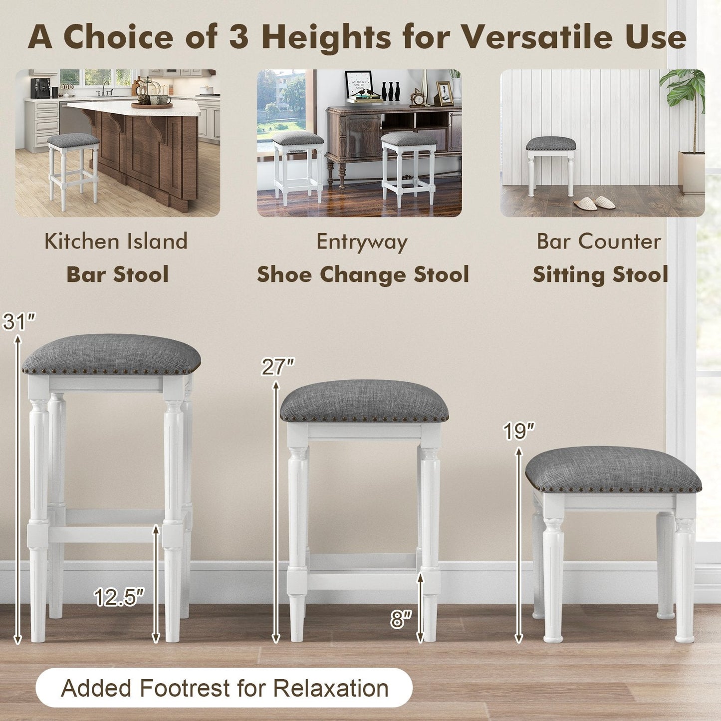 3 Heights Square Saddle Stool Set of 2 with Footrests and Padded Seats, Gray Bar Stools   at Gallery Canada