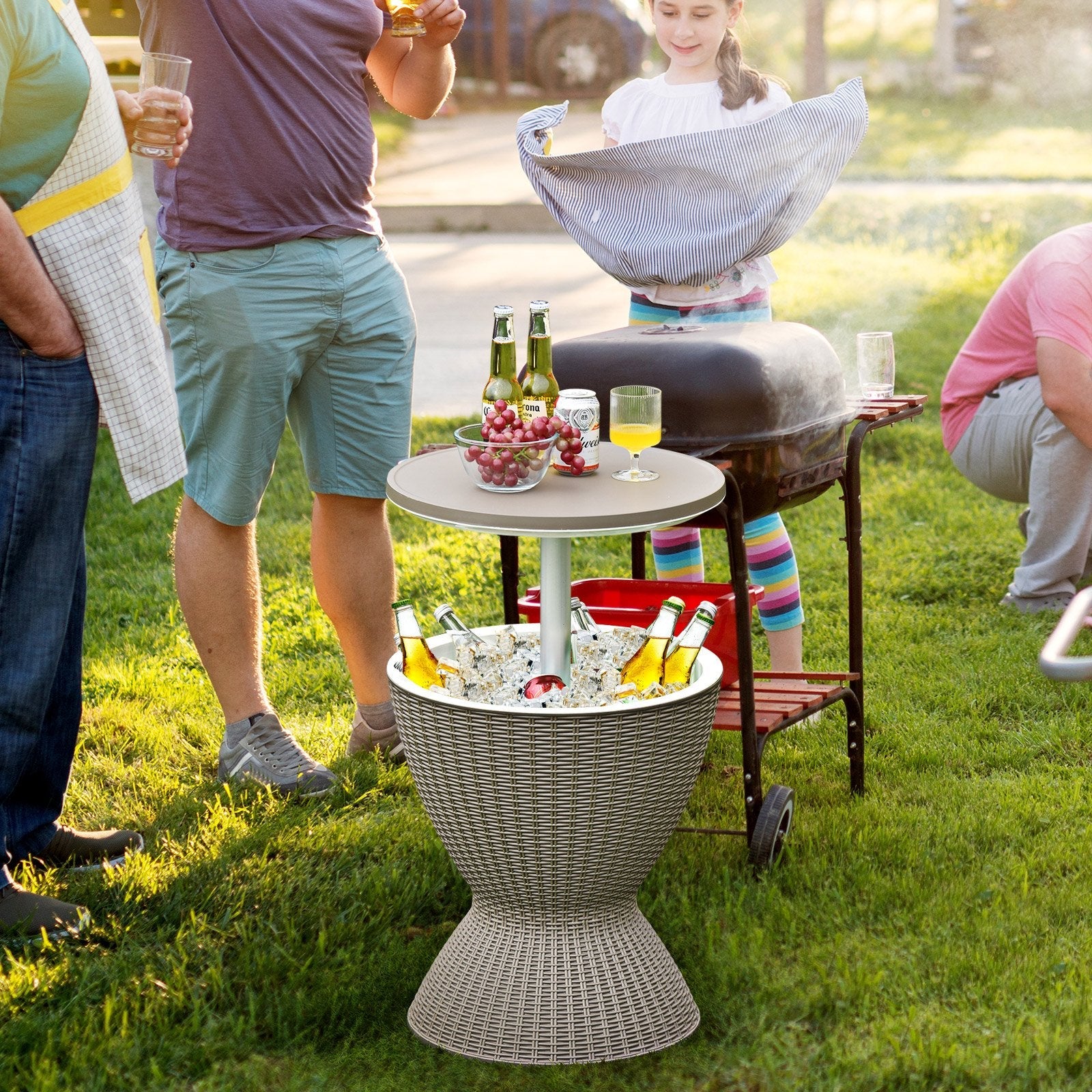 3 in 1 8 Gallon Patio Rattan Cooler Bar Table with Adjust Ice Bucket, Brown Patio Bar Furniture   at Gallery Canada