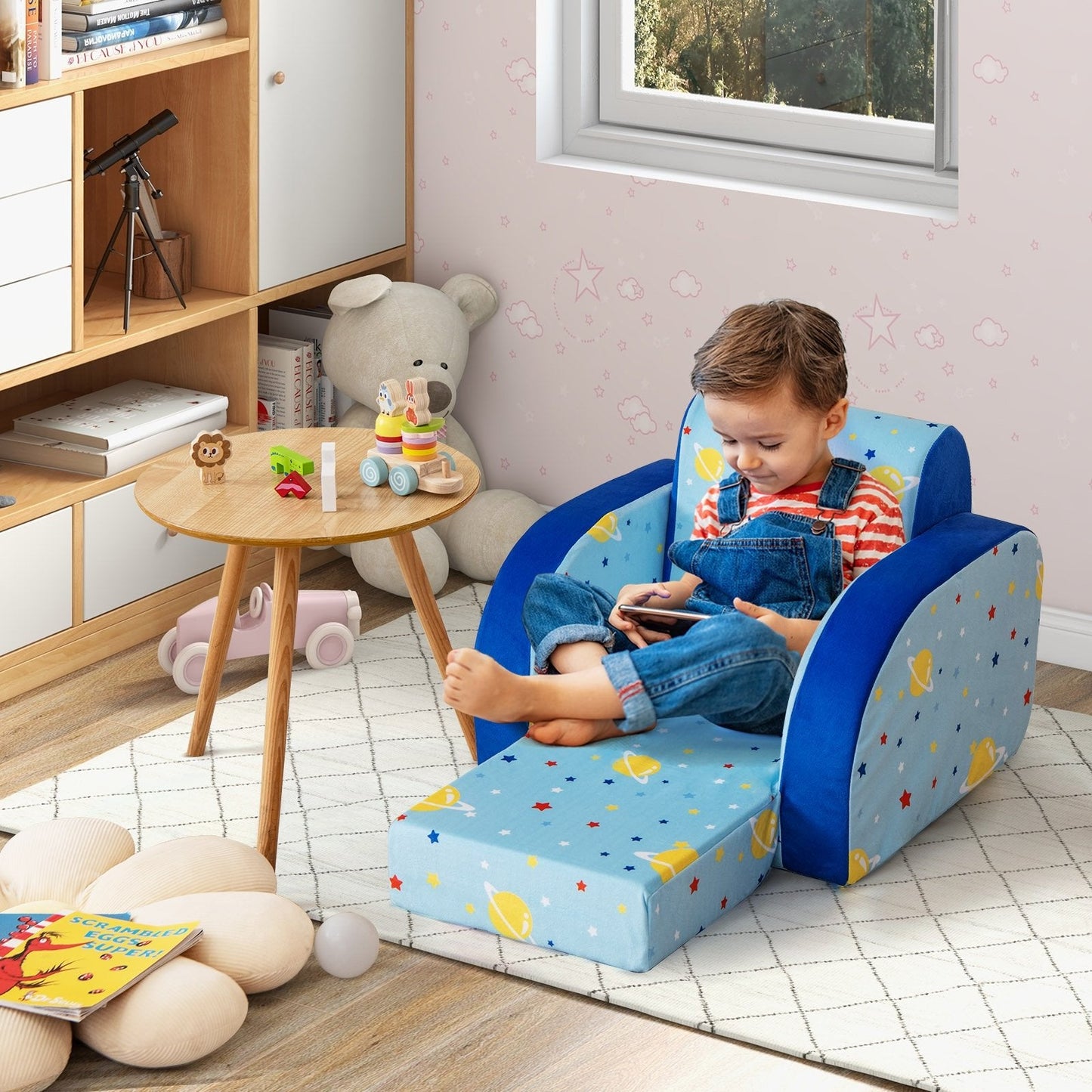 3 in 1 Convertible Flip Open Kids Sofa for Nap Play Sleep, Blue Kids Chairs & Seating   at Gallery Canada