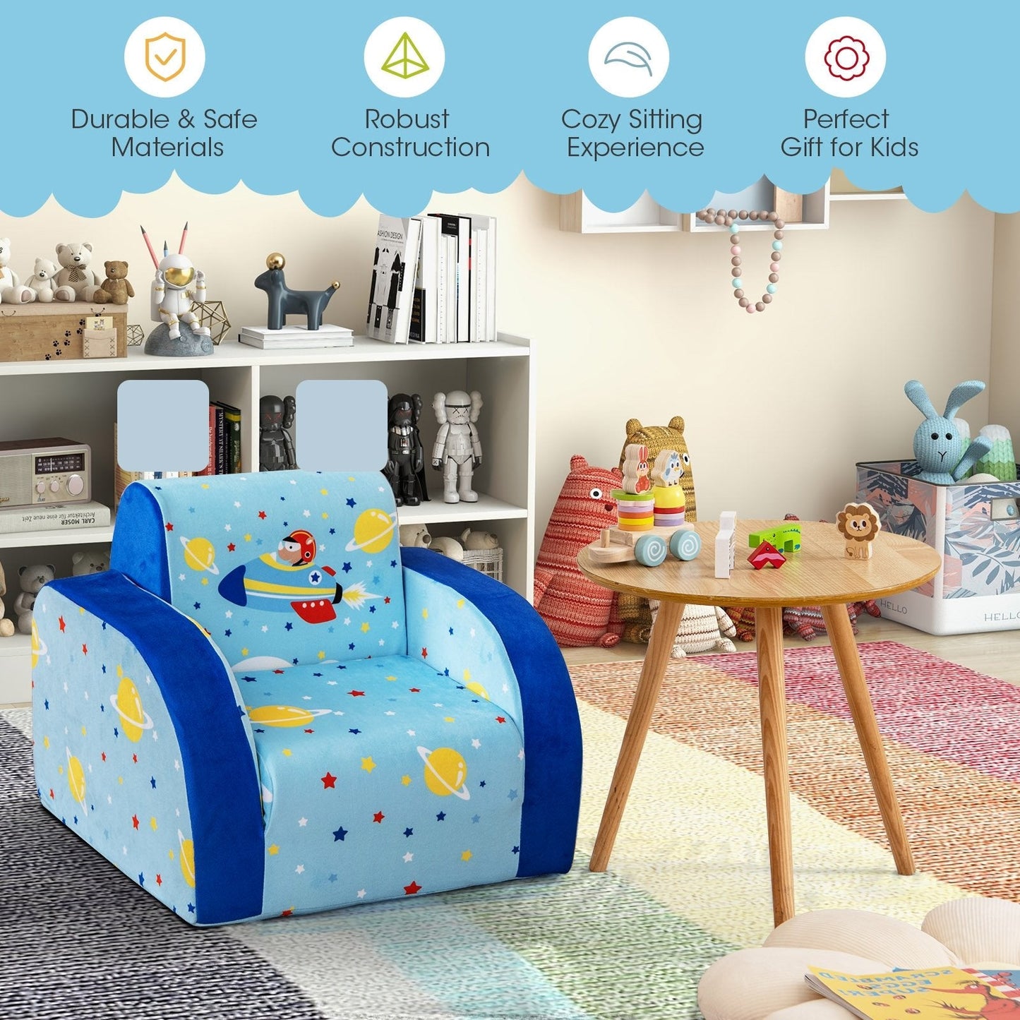 3 in 1 Convertible Flip Open Kids Sofa for Nap Play Sleep, Blue Kids Chairs & Seating   at Gallery Canada