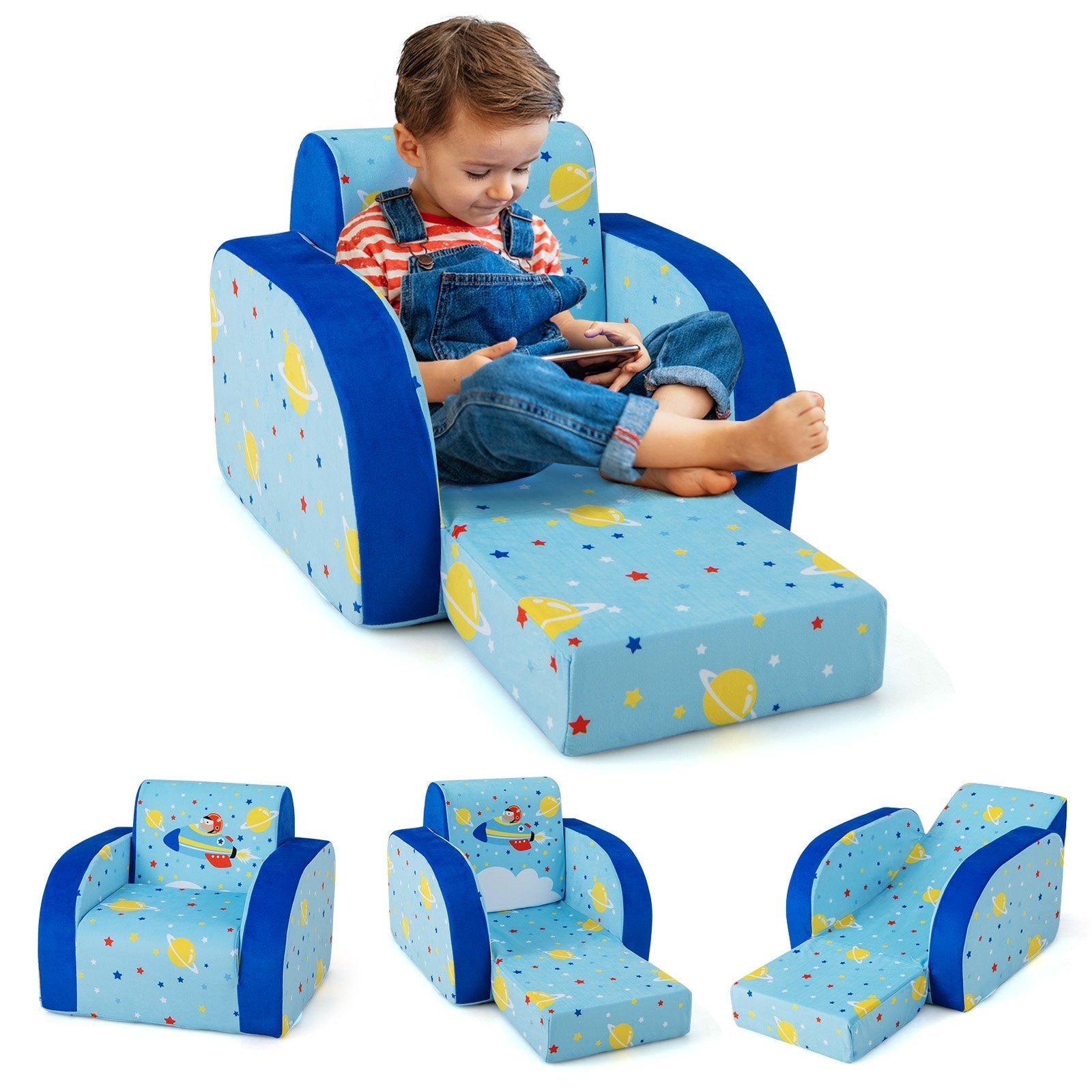 3 in 1 Convertible Flip Open Kids Sofa for Nap Play Sleep, Blue Kids Chairs & Seating   at Gallery Canada