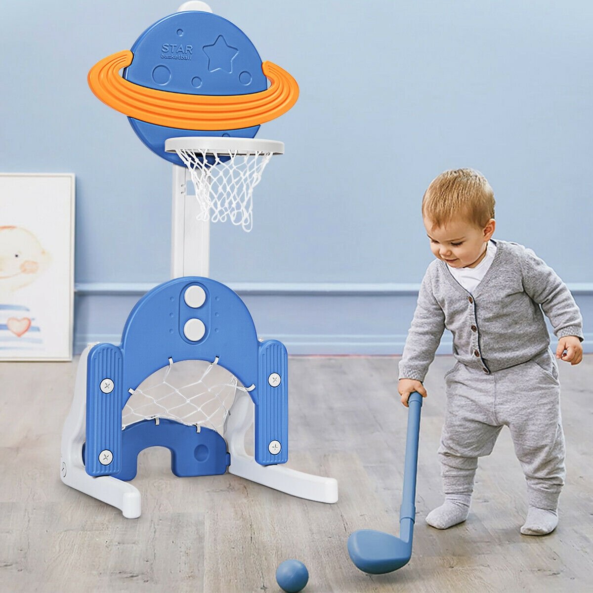 3 in 1 Kids Basketball Hoop Set with Balls, Blue Toy Sports   at Gallery Canada