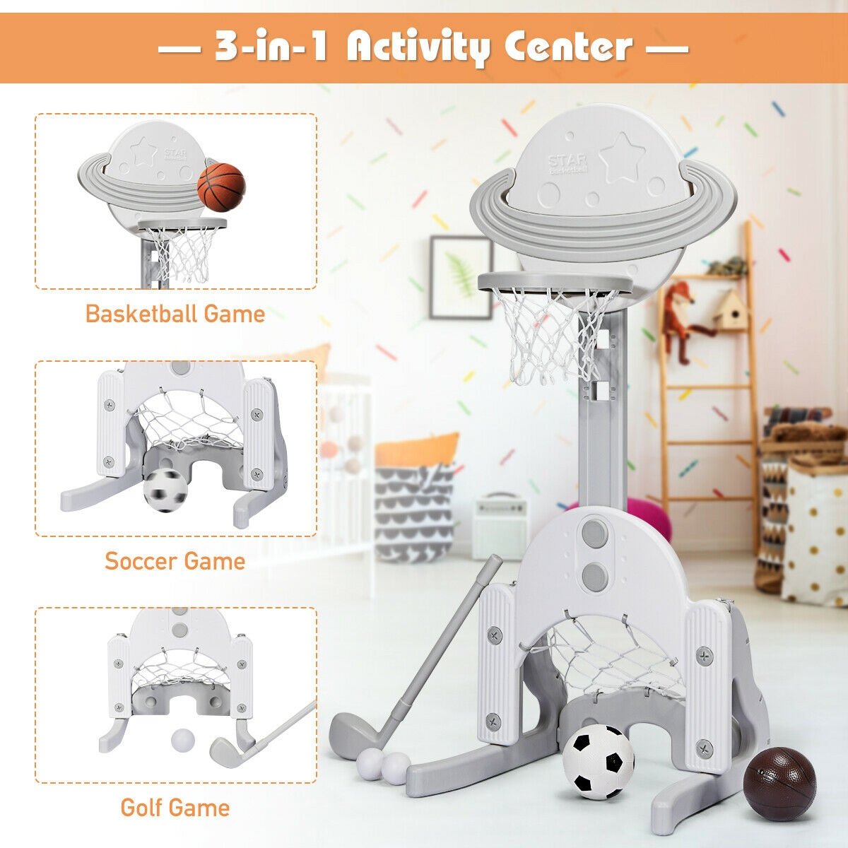 3 in 1 Kids Basketball Hoop Set with Balls, White Toy Sports   at Gallery Canada