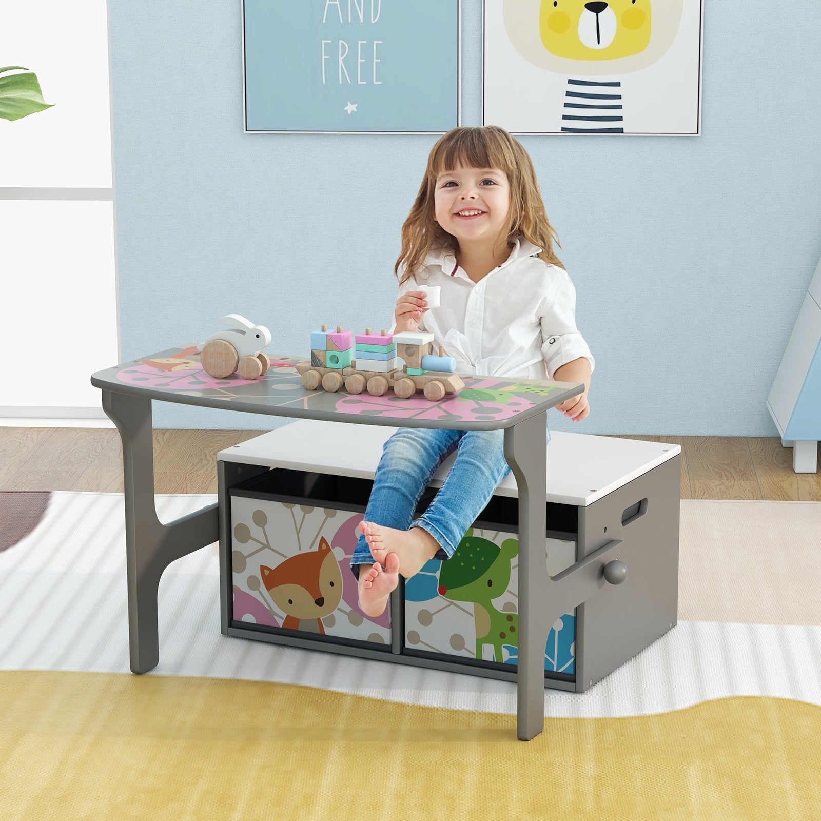 3 in 1 Kids Convertible Activity Bench with 2 Removable Fabric Bins, Gray Kids Chairs & Seating   at Gallery Canada