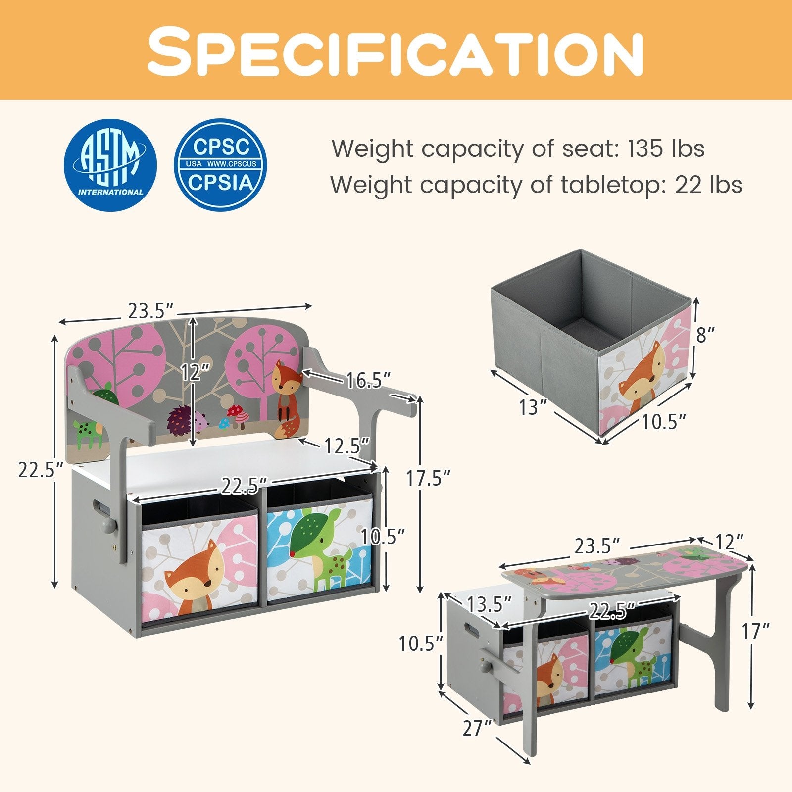 3 in 1 Kids Convertible Activity Bench with 2 Removable Fabric Bins, Gray Kids Chairs & Seating   at Gallery Canada