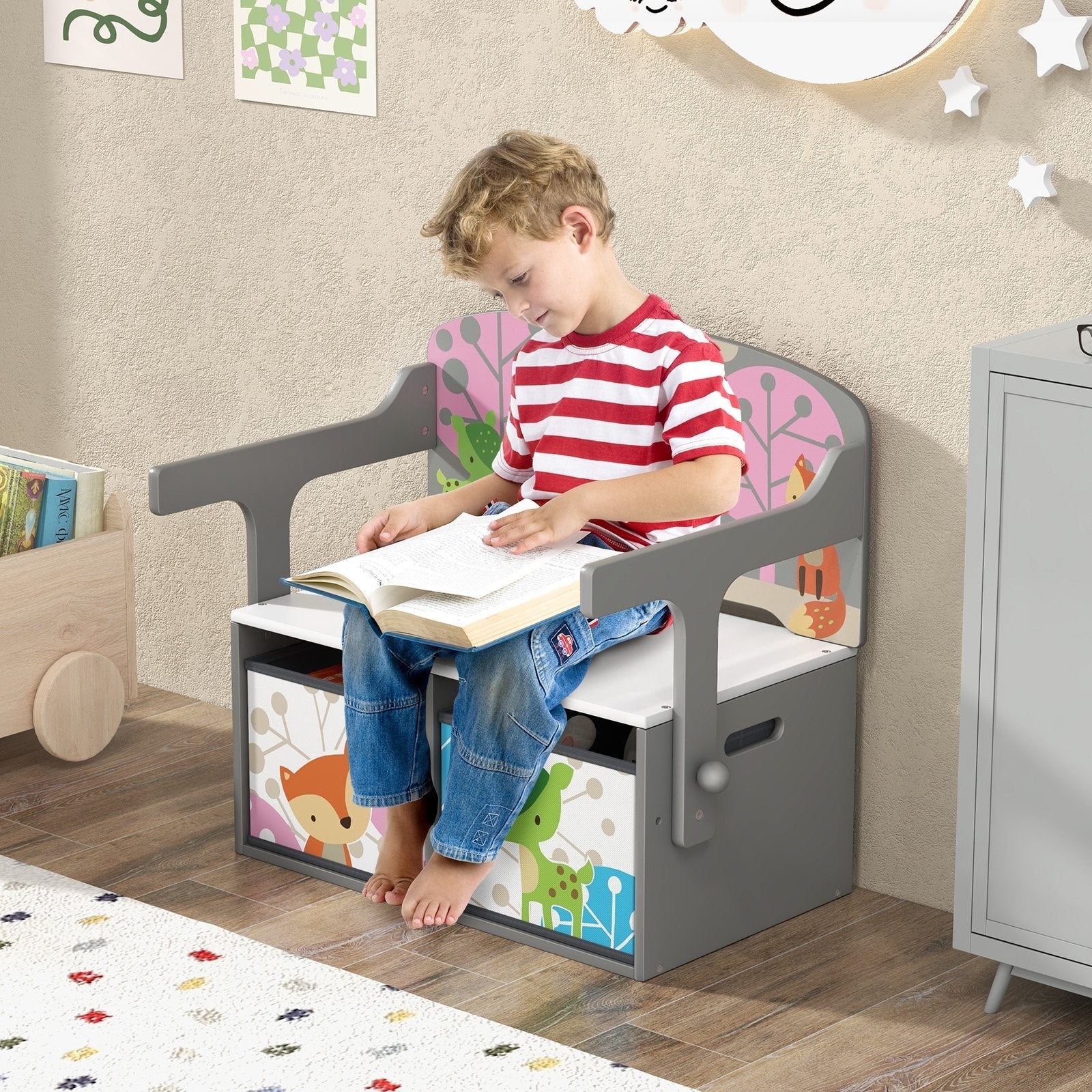 3 in 1 Kids Convertible Activity Bench with 2 Removable Fabric Bins, Gray Kids Chairs & Seating   at Gallery Canada