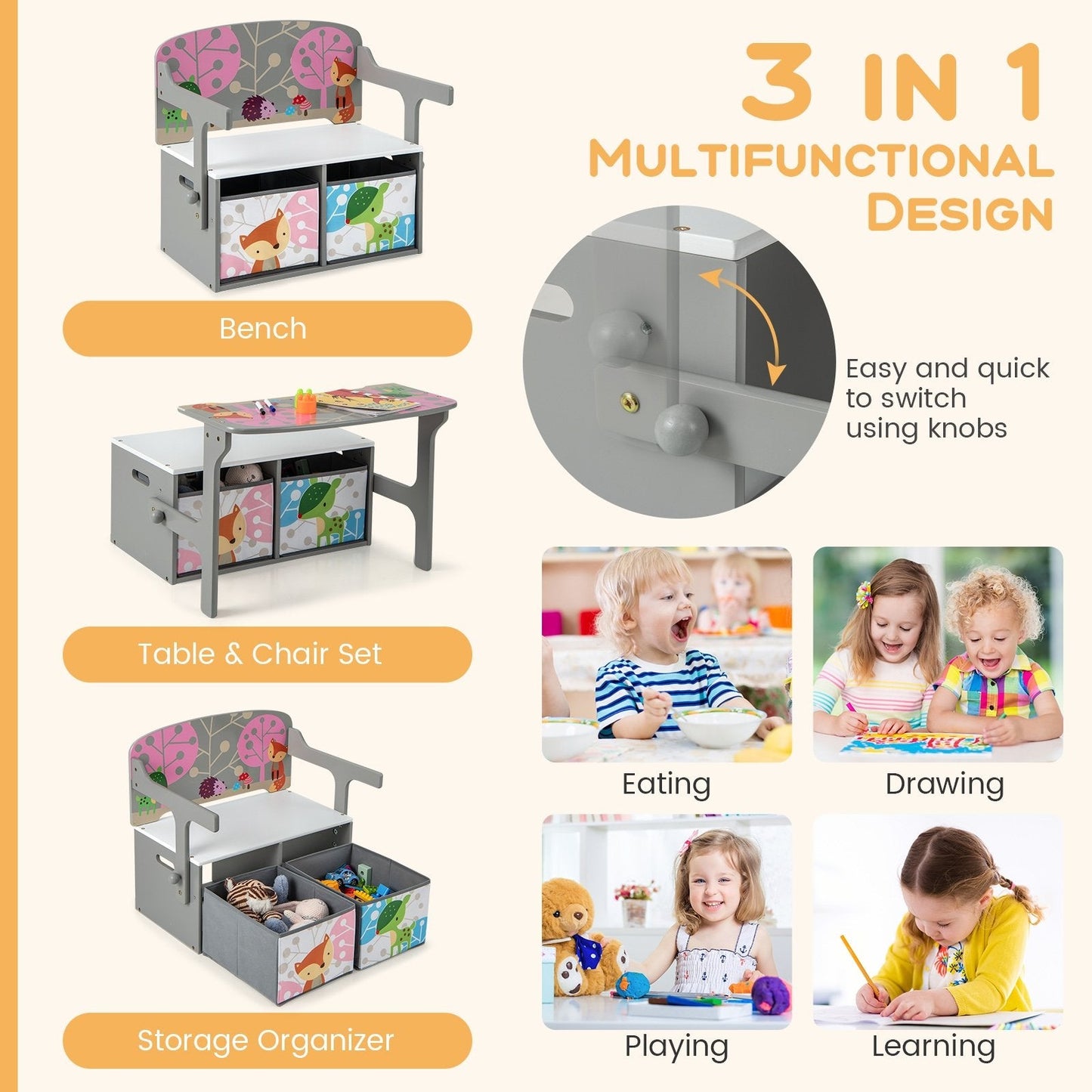 3 in 1 Kids Convertible Activity Bench with 2 Removable Fabric Bins, Gray Kids Chairs & Seating   at Gallery Canada