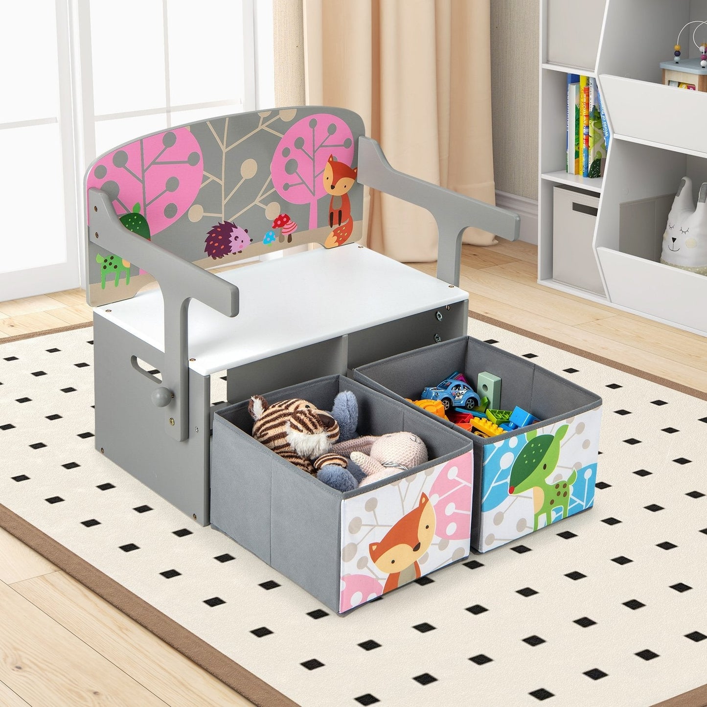 3 in 1 Kids Convertible Activity Bench with 2 Removable Fabric Bins, Gray Kids Chairs & Seating   at Gallery Canada