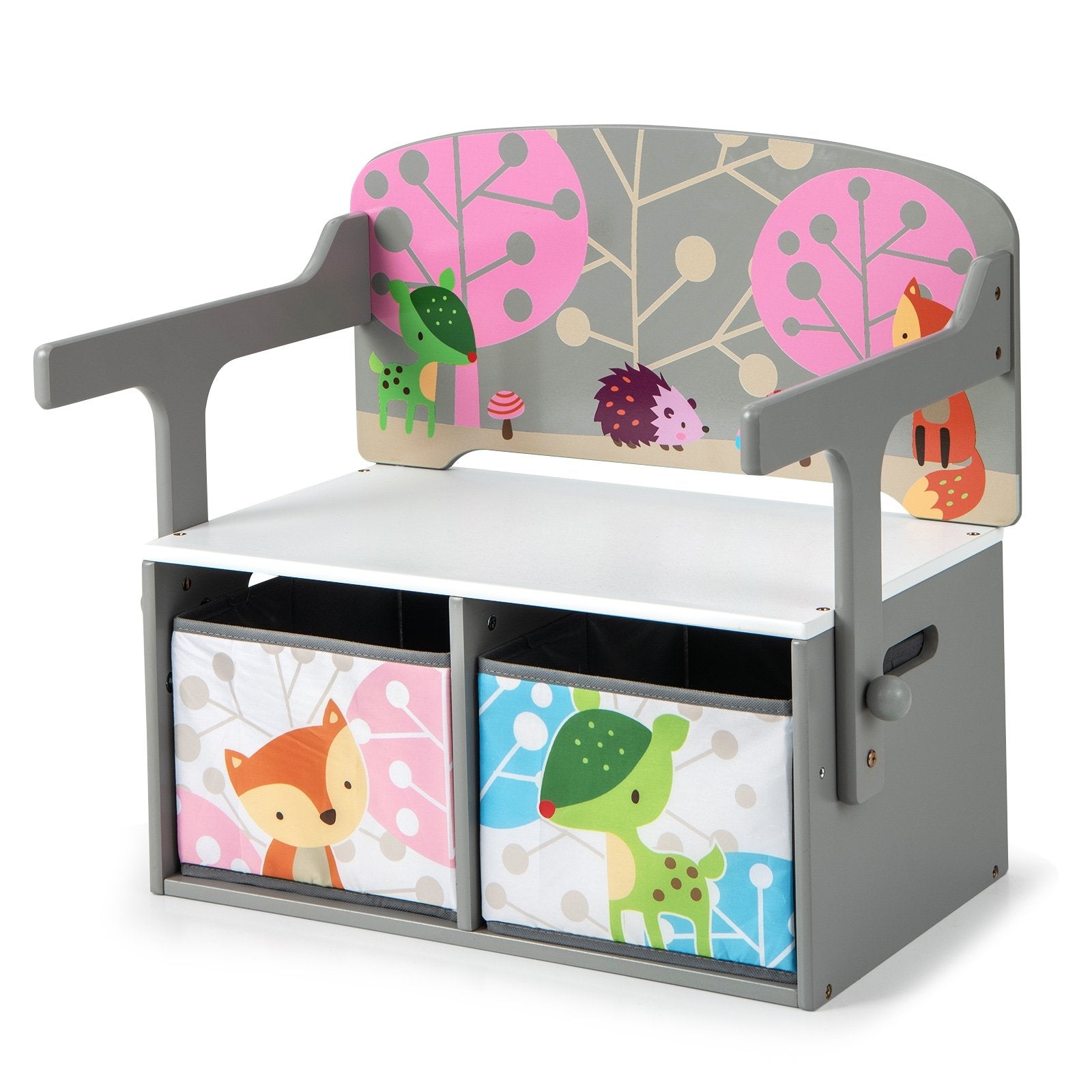 3 in 1 Kids Convertible Activity Bench with 2 Removable Fabric Bins, Gray Kids Chairs & Seating   at Gallery Canada