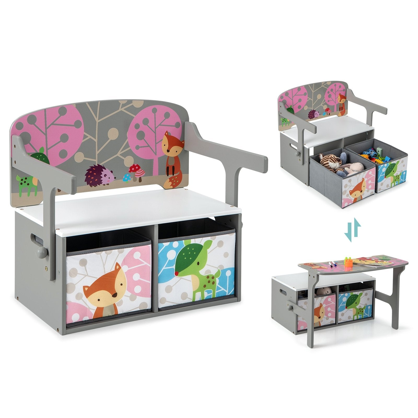 3 in 1 Kids Convertible Activity Bench with 2 Removable Fabric Bins, Gray Kids Chairs & Seating   at Gallery Canada