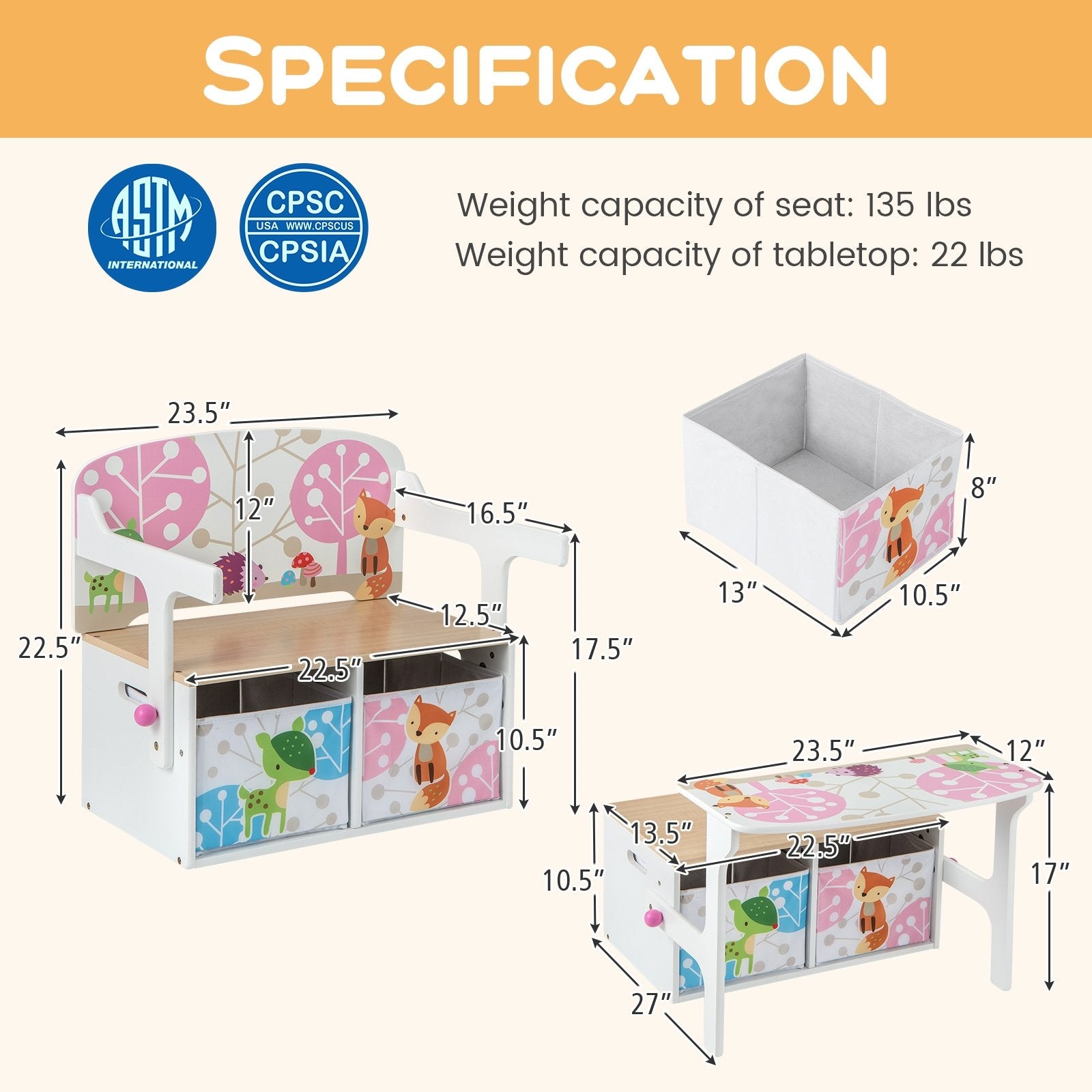 3 in 1 Kids Convertible Activity Bench with 2 Removable Fabric Bins, White Kids Chairs & Seating   at Gallery Canada