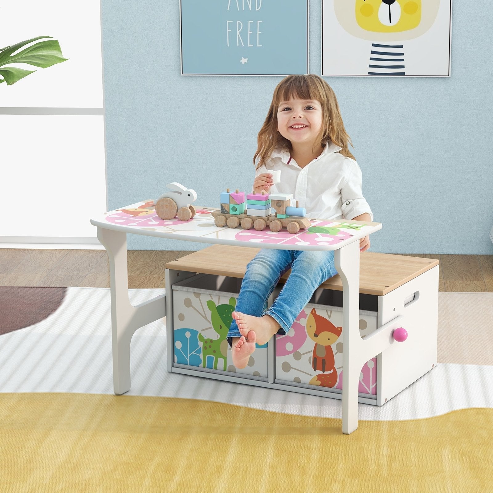 3 in 1 Kids Convertible Activity Bench with 2 Removable Fabric Bins, White Kids Chairs & Seating   at Gallery Canada