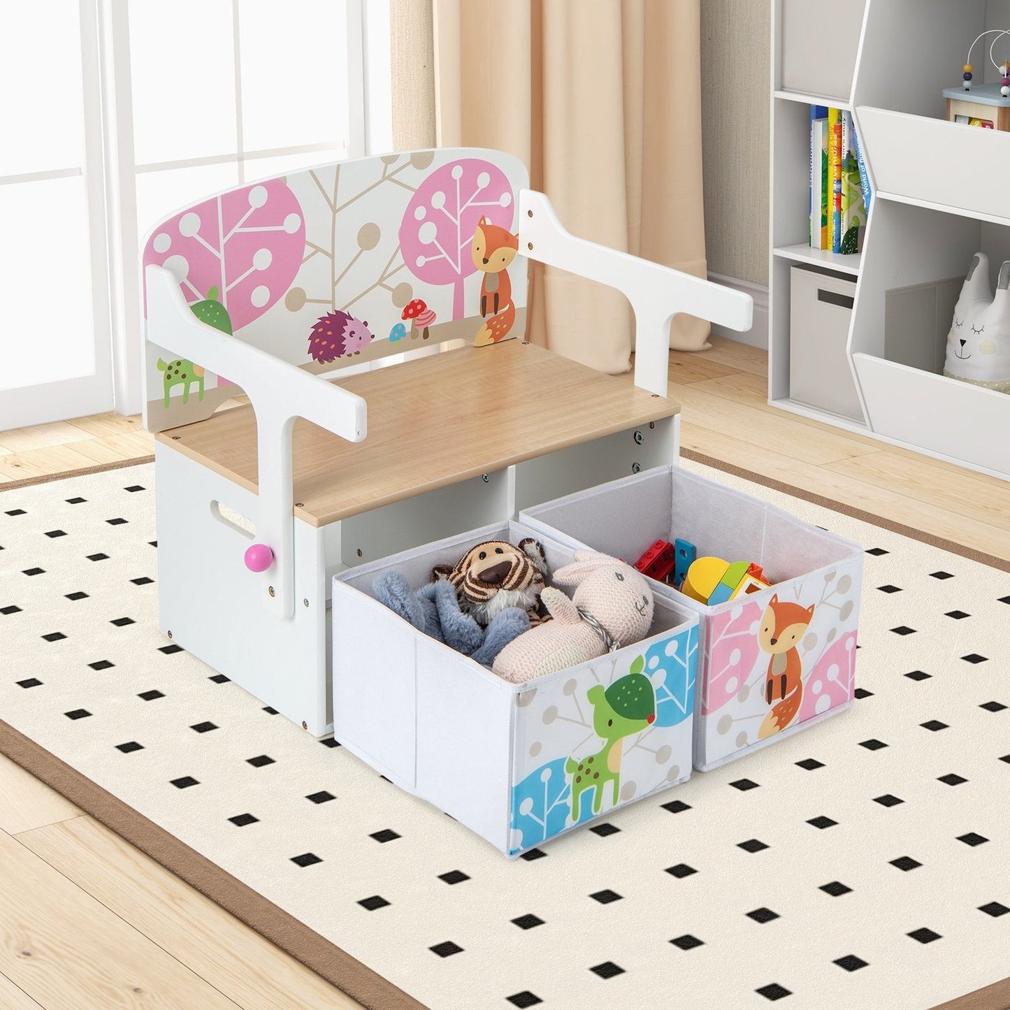 3 in 1 Kids Convertible Activity Bench with 2 Removable Fabric Bins, White Kids Chairs & Seating   at Gallery Canada