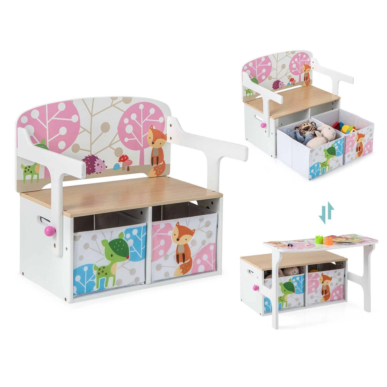 3 in 1 Kids Convertible Activity Bench with 2 Removable Fabric Bins, White Kids Chairs & Seating   at Gallery Canada