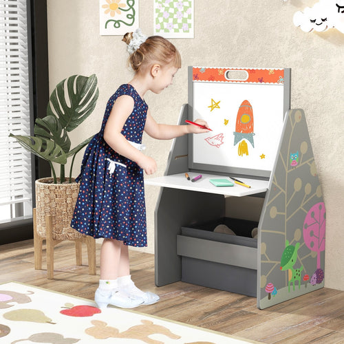 3 in 1 Kids Easel and Play Station Convertible with Chair and Storage Bins, Gray