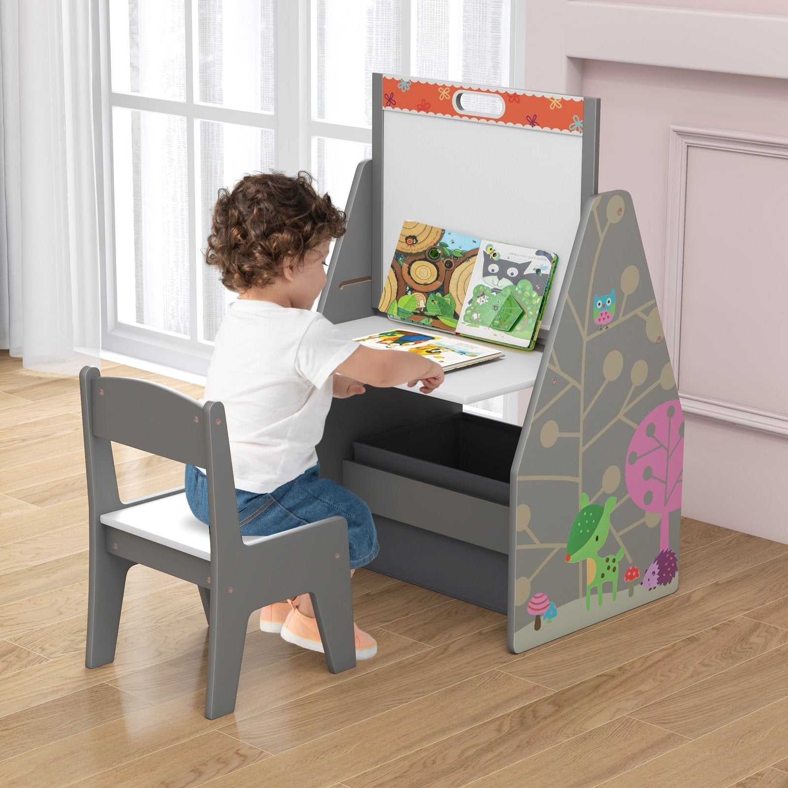 3 in 1 Kids Easel and Play Station Convertible with Chair and Storage Bins, Gray Art Easels   at Gallery Canada