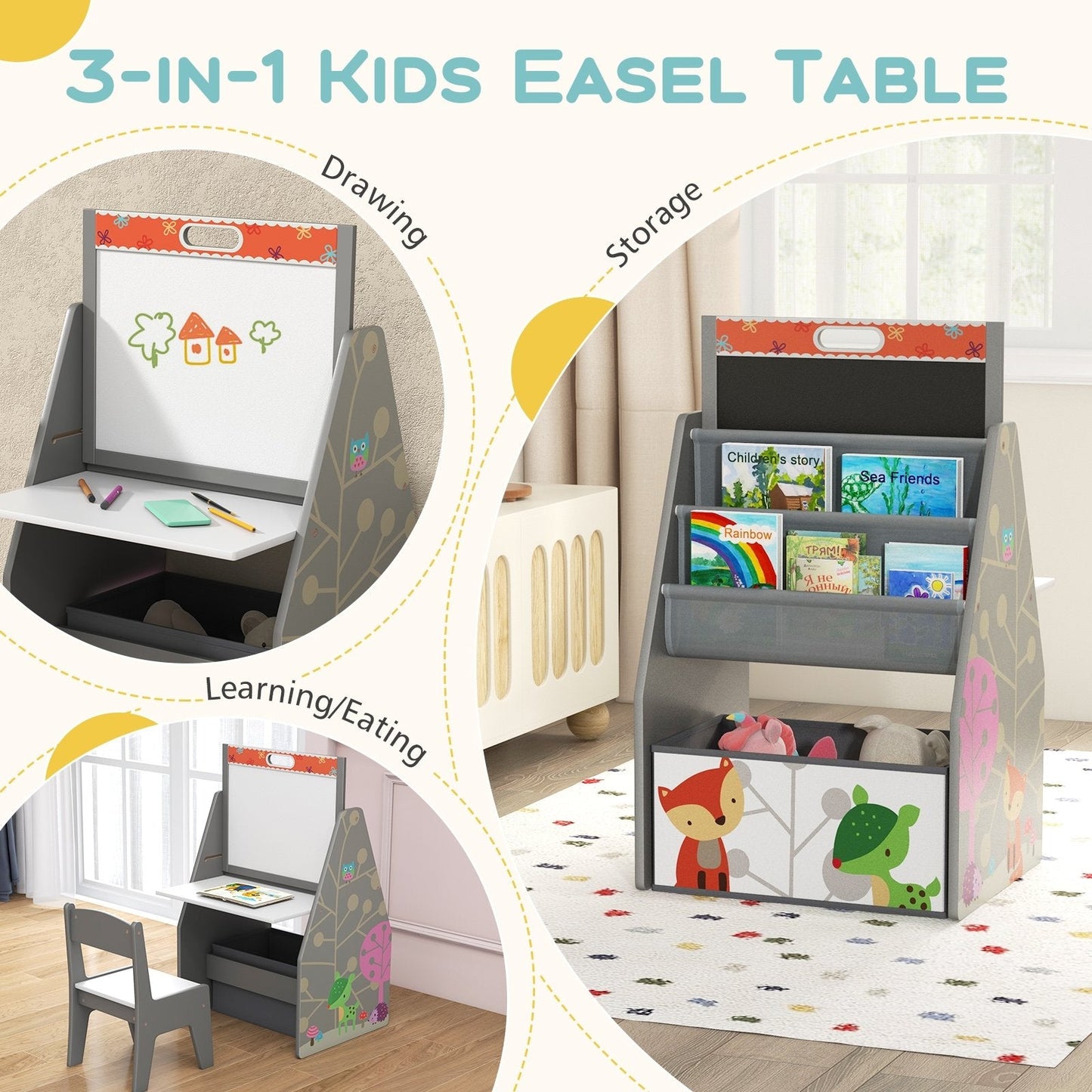 3 in 1 Kids Easel and Play Station Convertible with Chair and Storage Bins, Gray Art Easels   at Gallery Canada