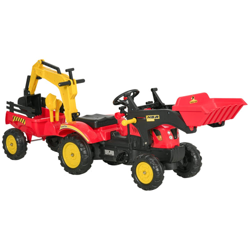 3 in 1 Kids Ride On Excavator Toy with 6 Wheels, Bulldozer with Controllable Cargo Trailer &; Easy Pedal Controls