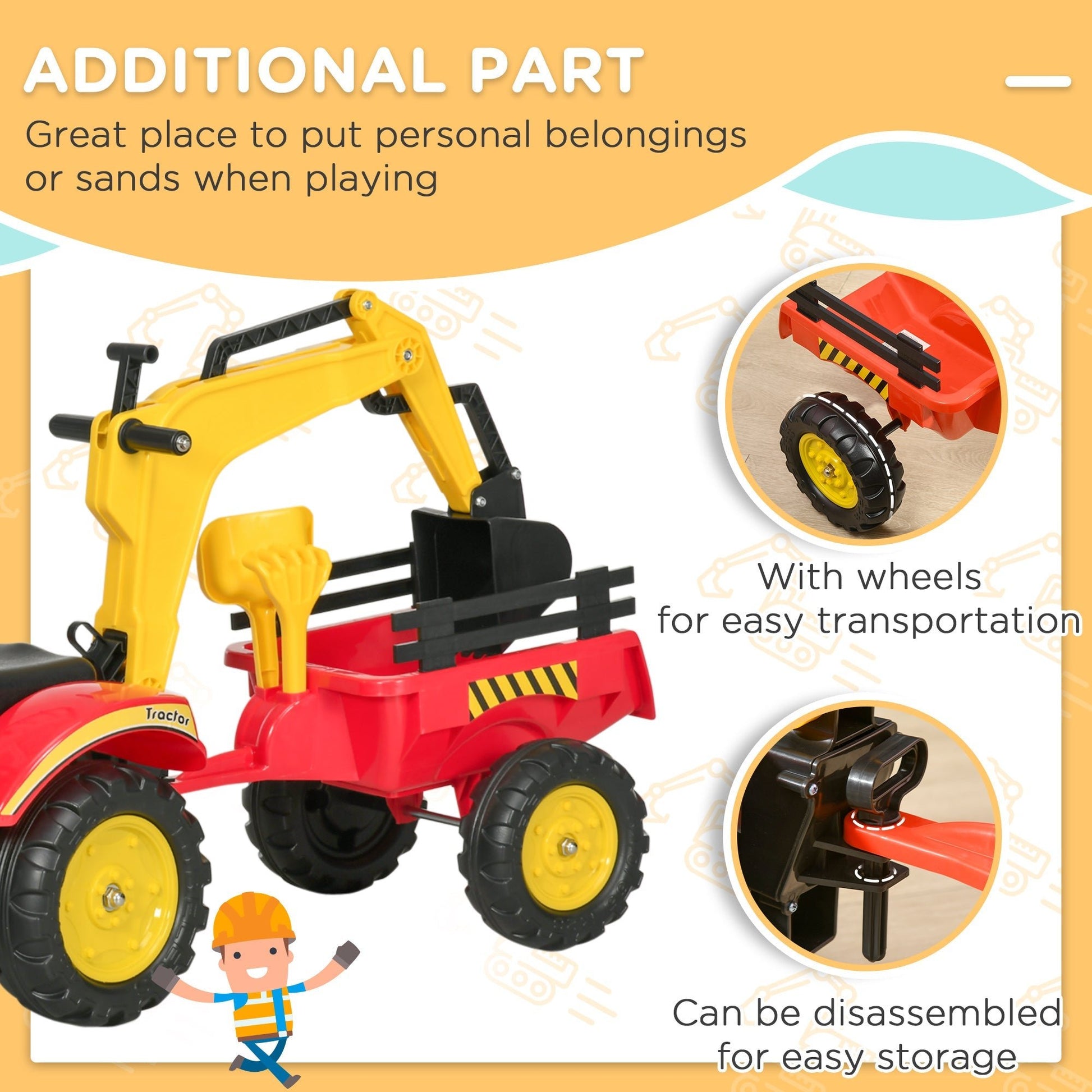 3 in 1 Kids Ride On Excavator Toy with 6 Wheels, Bulldozer with Controllable Cargo Trailer &; Easy Pedal Controls Toy Excavators   at Gallery Canada