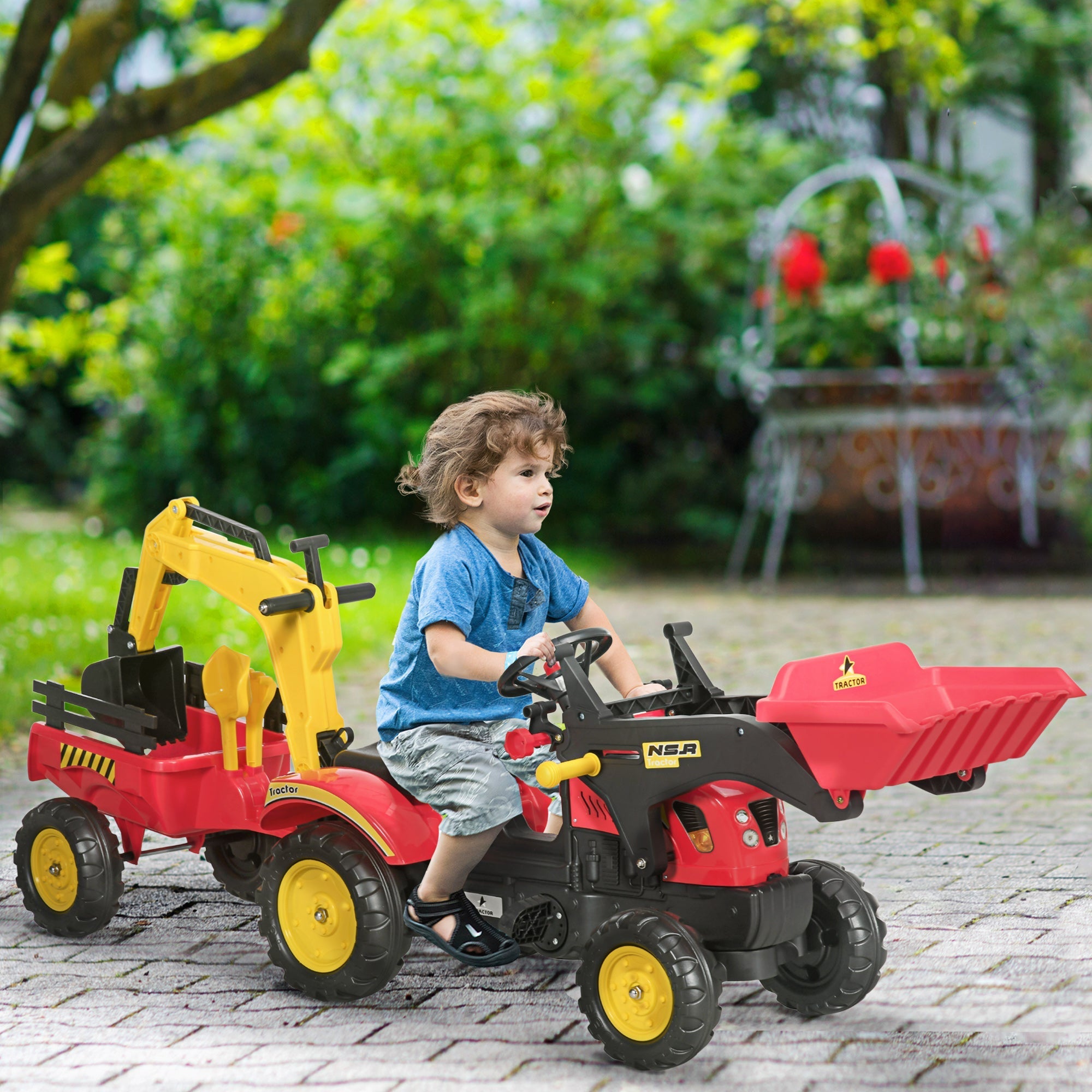 3 in 1 Kids Ride On Excavator Toy with 6 Wheels, Bulldozer with Controllable Cargo Trailer &; Easy Pedal Controls Toy Excavators   at Gallery Canada