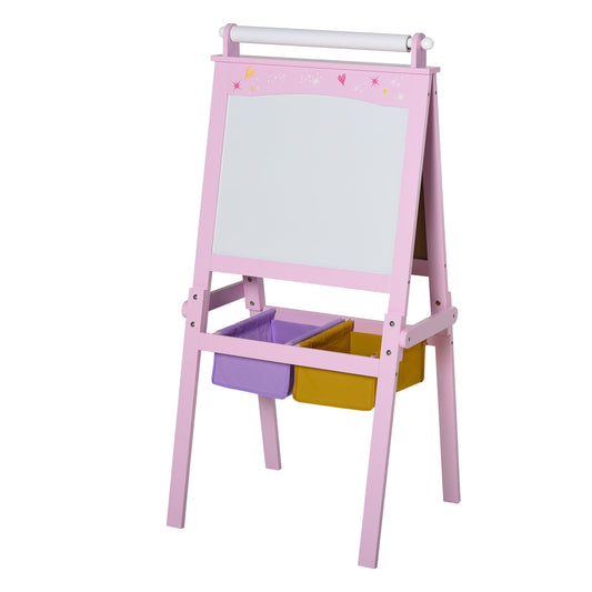 3 In 1 Kids Wooden Art Easel with Paper Roll Double-Sided Chalkboard &; Whiteboard with Storage Baskets Gift for Toddler Girl Age 3 Years+ Pink Kids Desk Sets Pink  at Gallery Canada