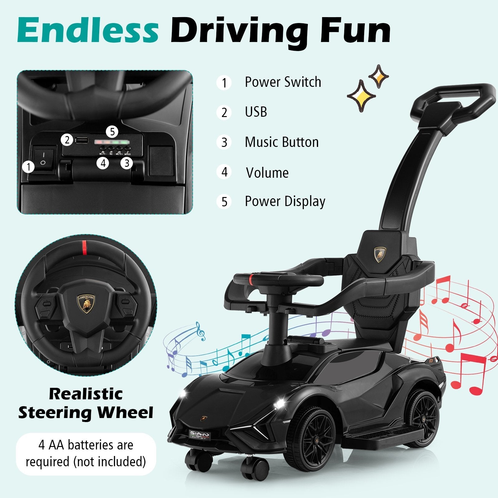 3 in 1 Licensed Lamborghini Ride Walking Toy Stroller, Black Push & Pedal Ride On Toys   at Gallery Canada