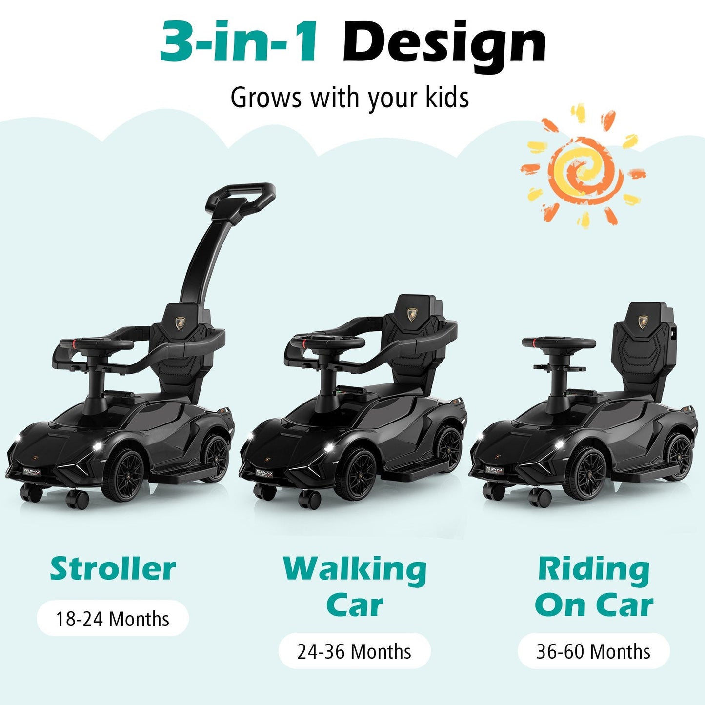 3 in 1 Licensed Lamborghini Ride Walking Toy Stroller, Black Push & Pedal Ride On Toys   at Gallery Canada