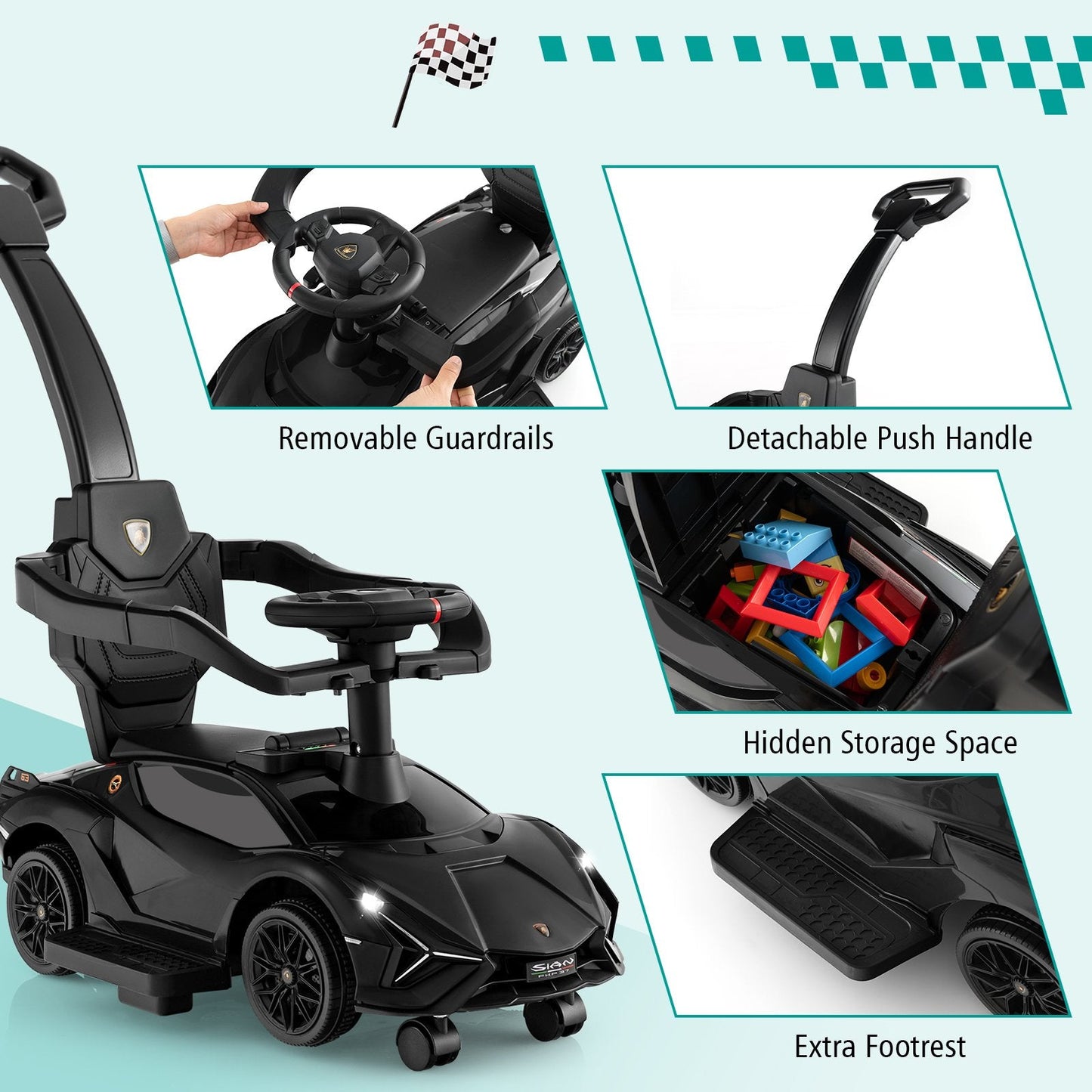 3 in 1 Licensed Lamborghini Ride Walking Toy Stroller, Black Push & Pedal Ride On Toys   at Gallery Canada