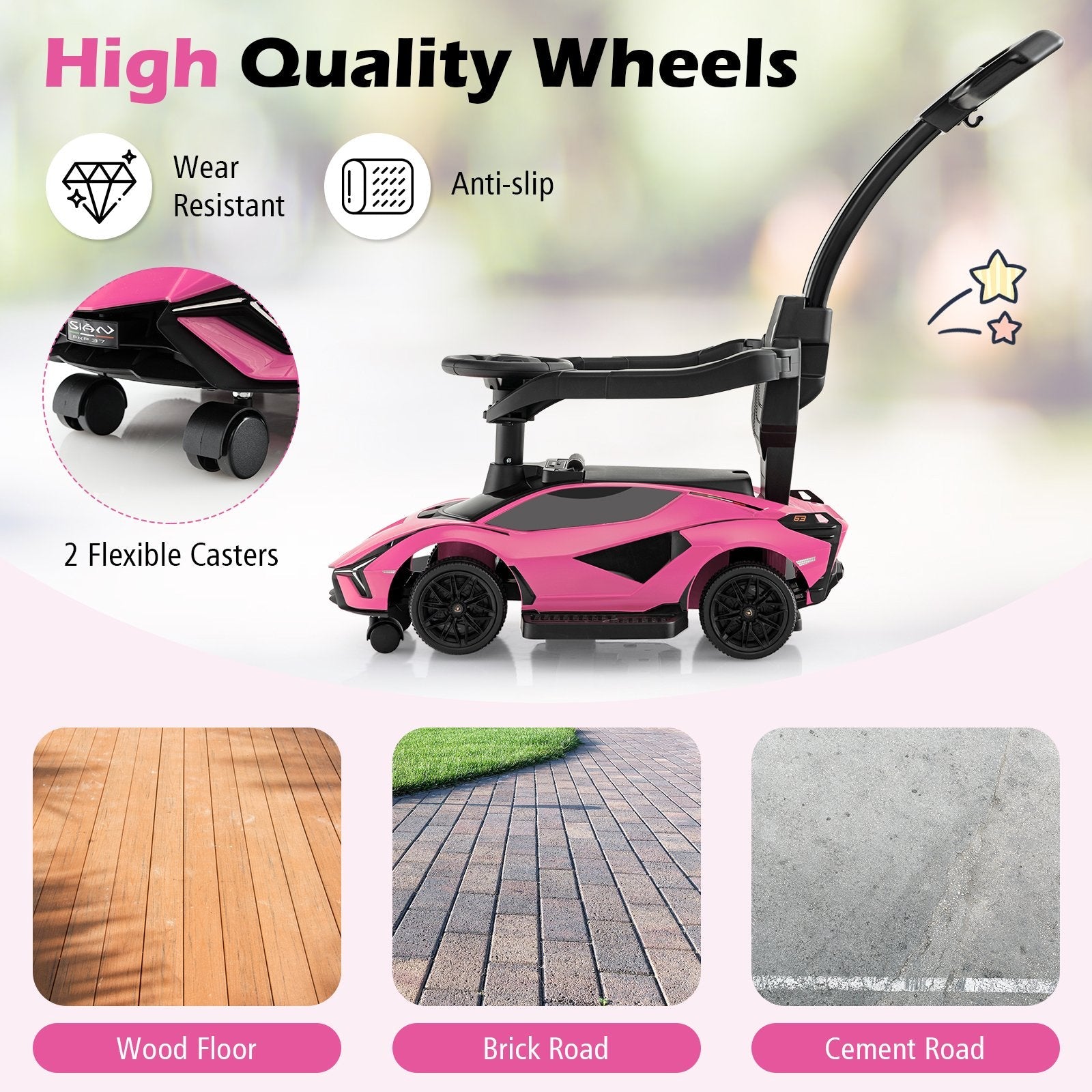 3 in 1 Licensed Lamborghini Ride Walking Toy Stroller, Pink Push & Pedal Ride On Toys   at Gallery Canada