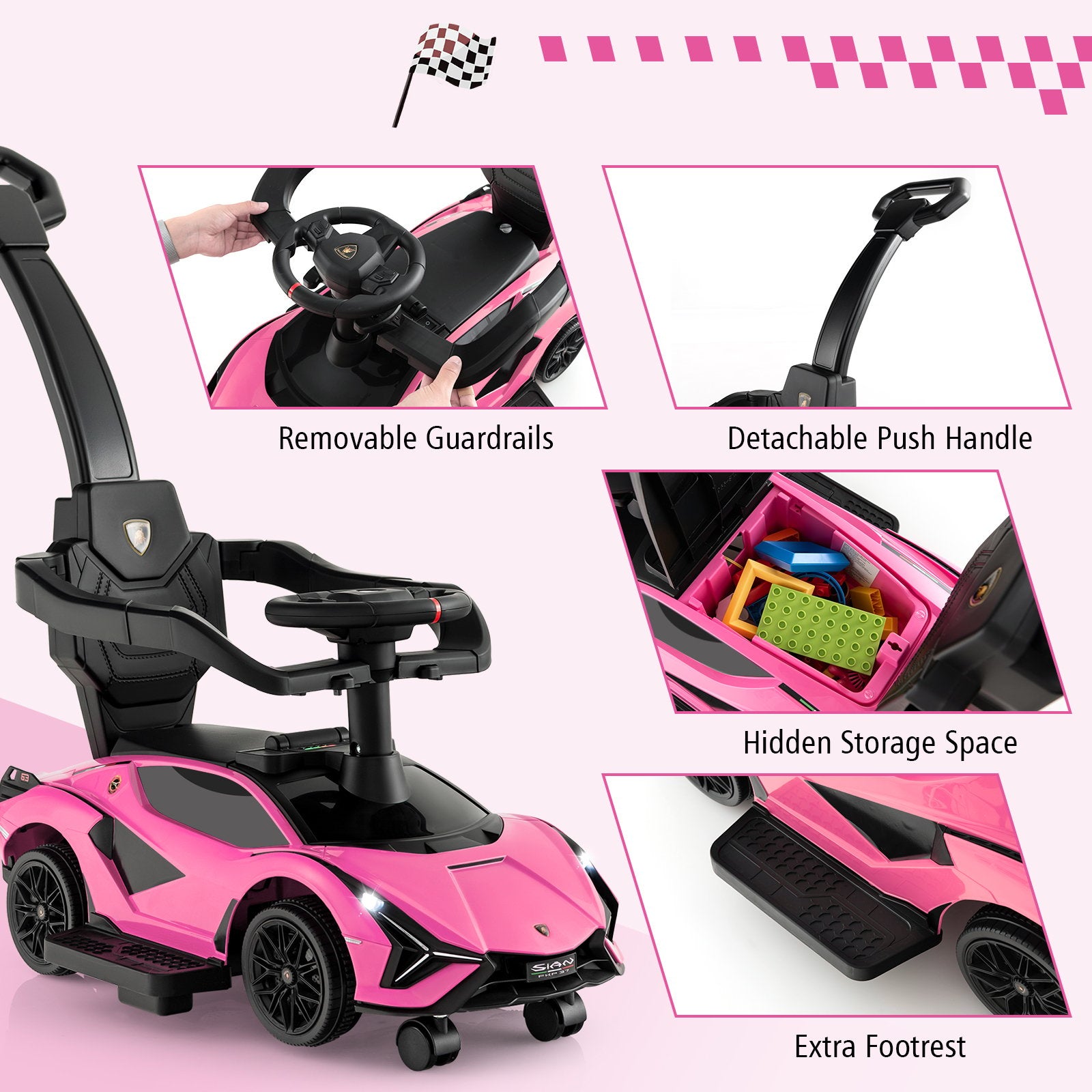 3 in 1 Licensed Lamborghini Ride Walking Toy Stroller, Pink Push & Pedal Ride On Toys   at Gallery Canada