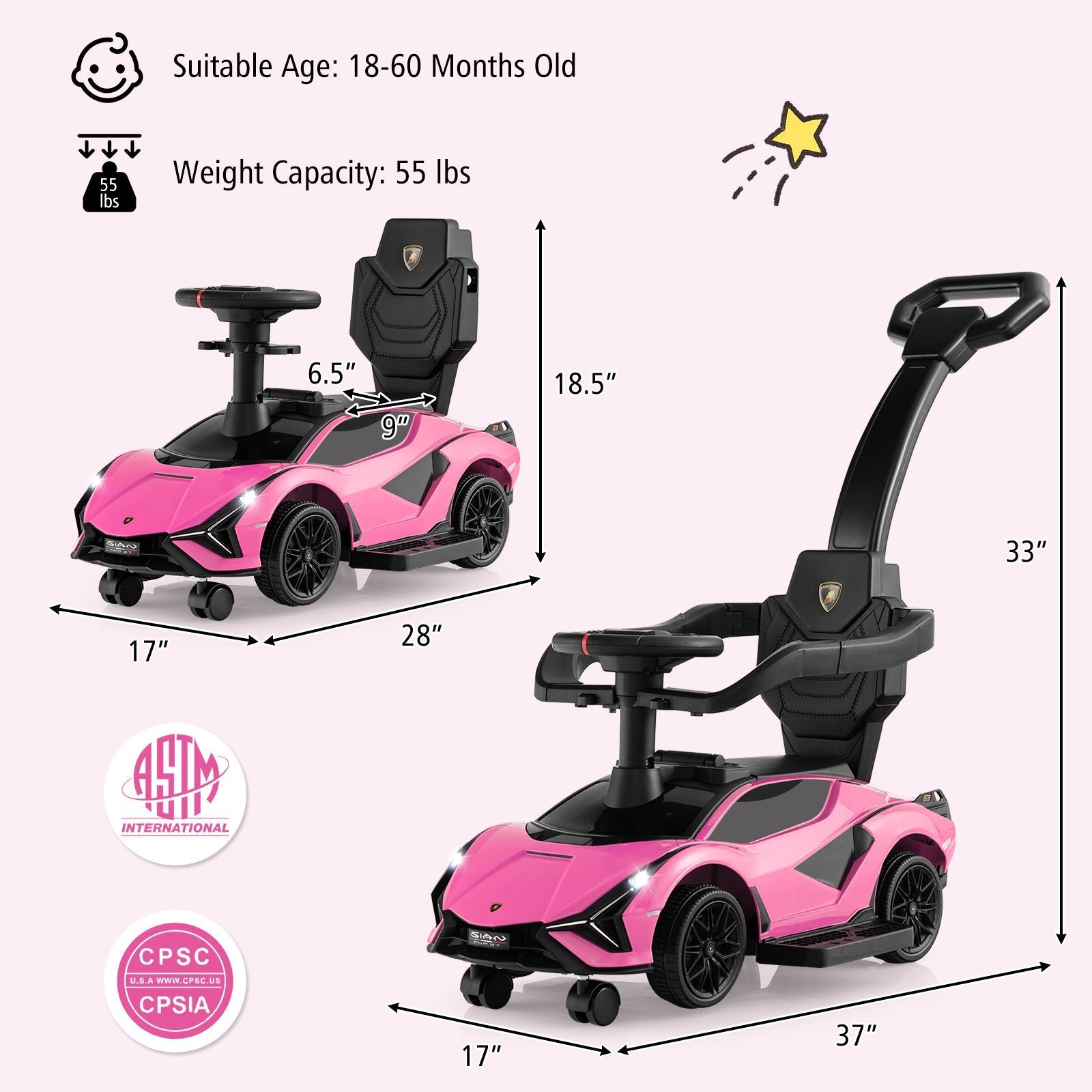 3 in 1 Licensed Lamborghini Ride Walking Toy Stroller, Pink Push & Pedal Ride On Toys   at Gallery Canada