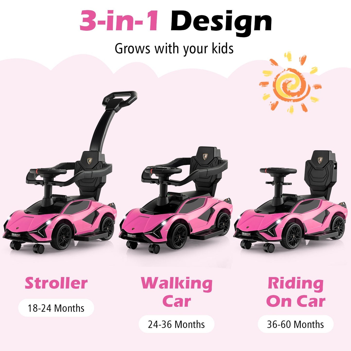 3 in 1 Licensed Lamborghini Ride Walking Toy Stroller, Pink Push & Pedal Ride On Toys   at Gallery Canada