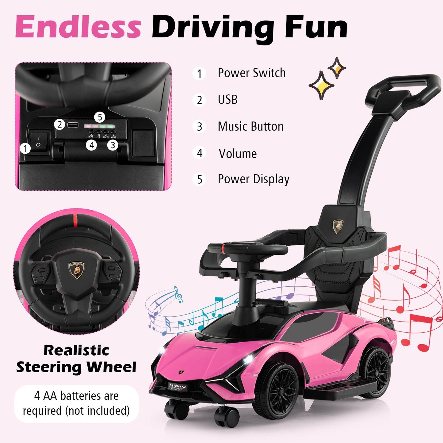 3 in 1 Licensed Lamborghini Ride Walking Toy Stroller, Pink Push & Pedal Ride On Toys   at Gallery Canada