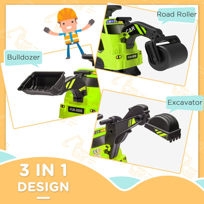 3 in 1 Ride on Excavator Bulldozer Road Roller, No Power Pretend Play Construction with Music, for 18-48 Months, Green Toy Excavators   at Gallery Canada