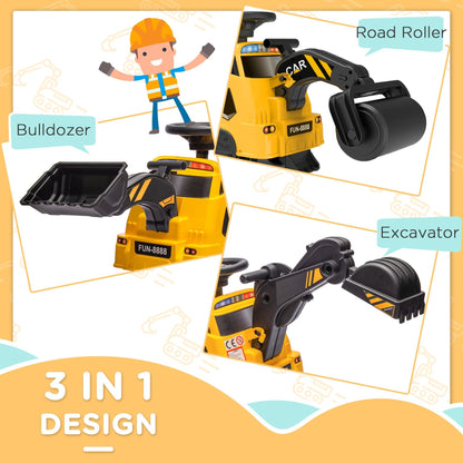 3 in 1 Ride on Excavator Bulldozer Road Roller, No Power Pretend Play Construction with Music, for 18-48 Months, Yellow Toy Excavators   at Gallery Canada