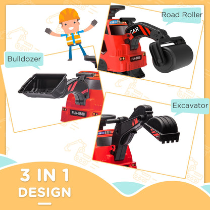 3 in 1 Ride on Excavator Bulldozer Road Roller w/ Music Red Toy Excavators   at Gallery Canada