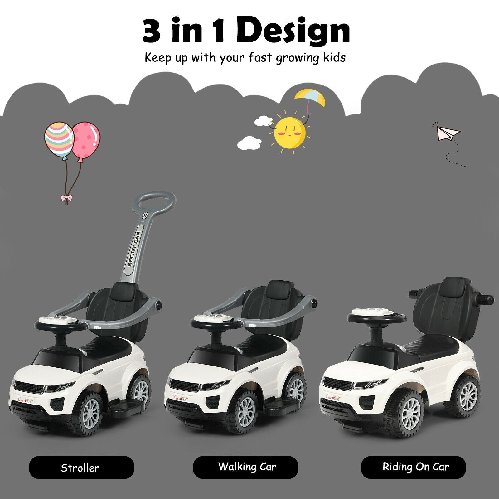 3 In 1 Ride on Push Car Toddler Stroller Sliding Car with Music, White Push & Pedal Ride On Toys   at Gallery Canada