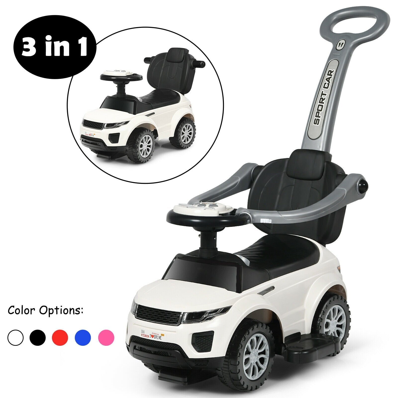 3 In 1 Ride on Push Car Toddler Stroller Sliding Car with Music, White Push & Pedal Ride On Toys   at Gallery Canada