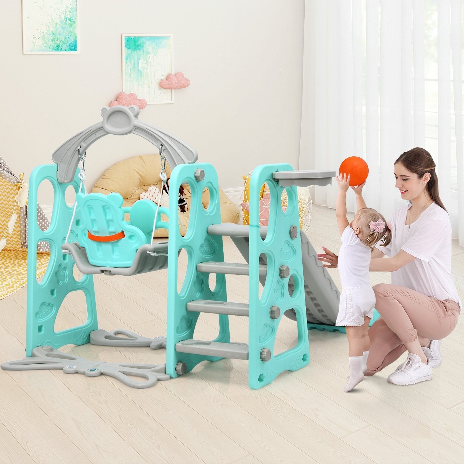 3 in 1 Toddler Climber and Swing Set Slide Playset, Green Climbers & Slides   at Gallery Canada