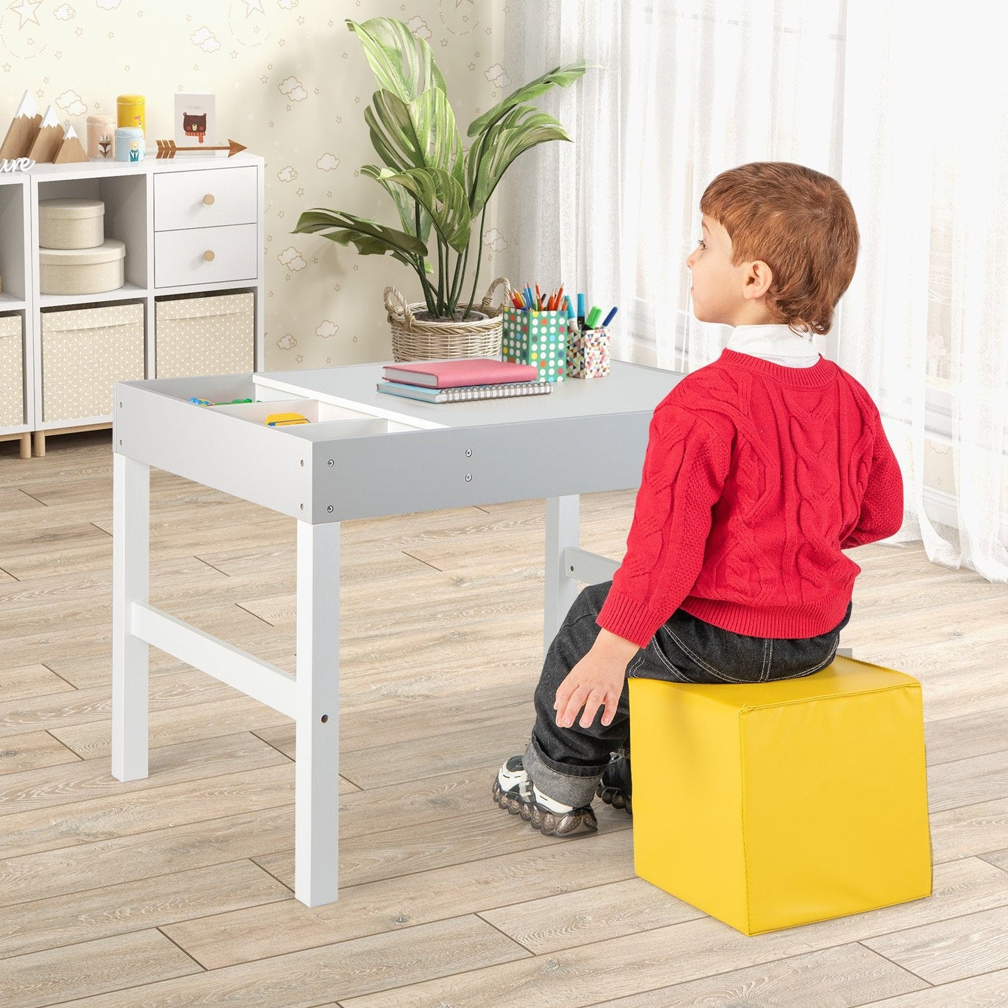 3 in 1 Wooden Kids Table with Storage and Double-Sided Tabletop, White Kids Table & Chair Sets   at Gallery Canada