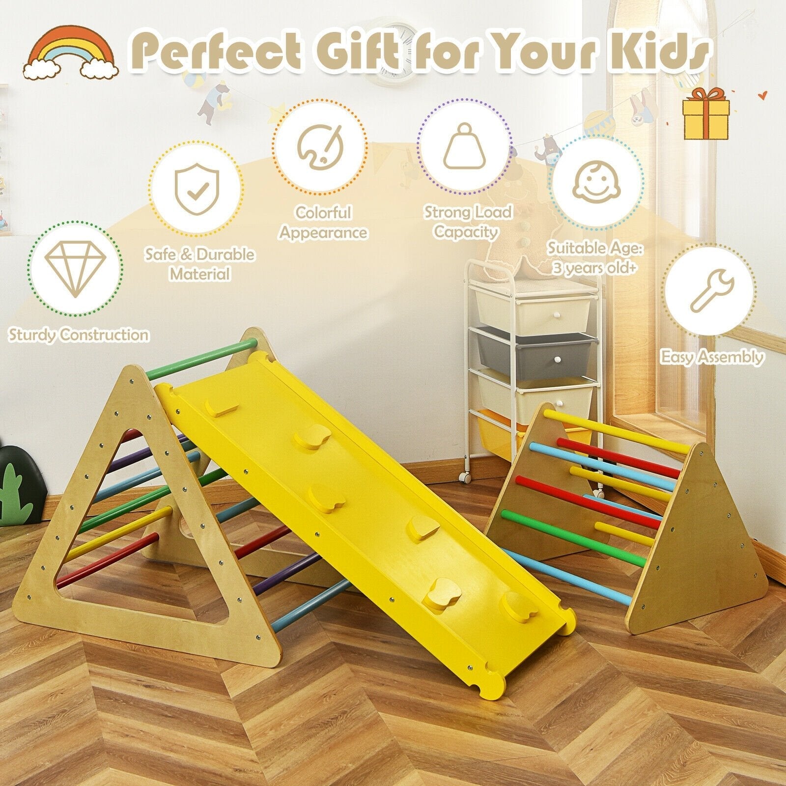 3 in 1 Wooden Set of 2 Triangle Climber with Ramp for Slid, Multicolor Climbers & Slides   at Gallery Canada