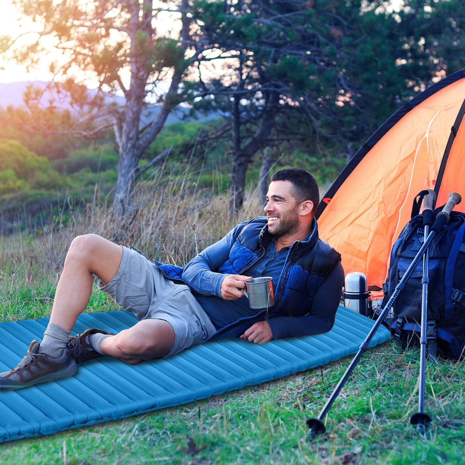 3 Inch Thick Inflatable Waterproof Camping Sleeping Pad, Blue Air Mattresses & Sleeping Bags   at Gallery Canada