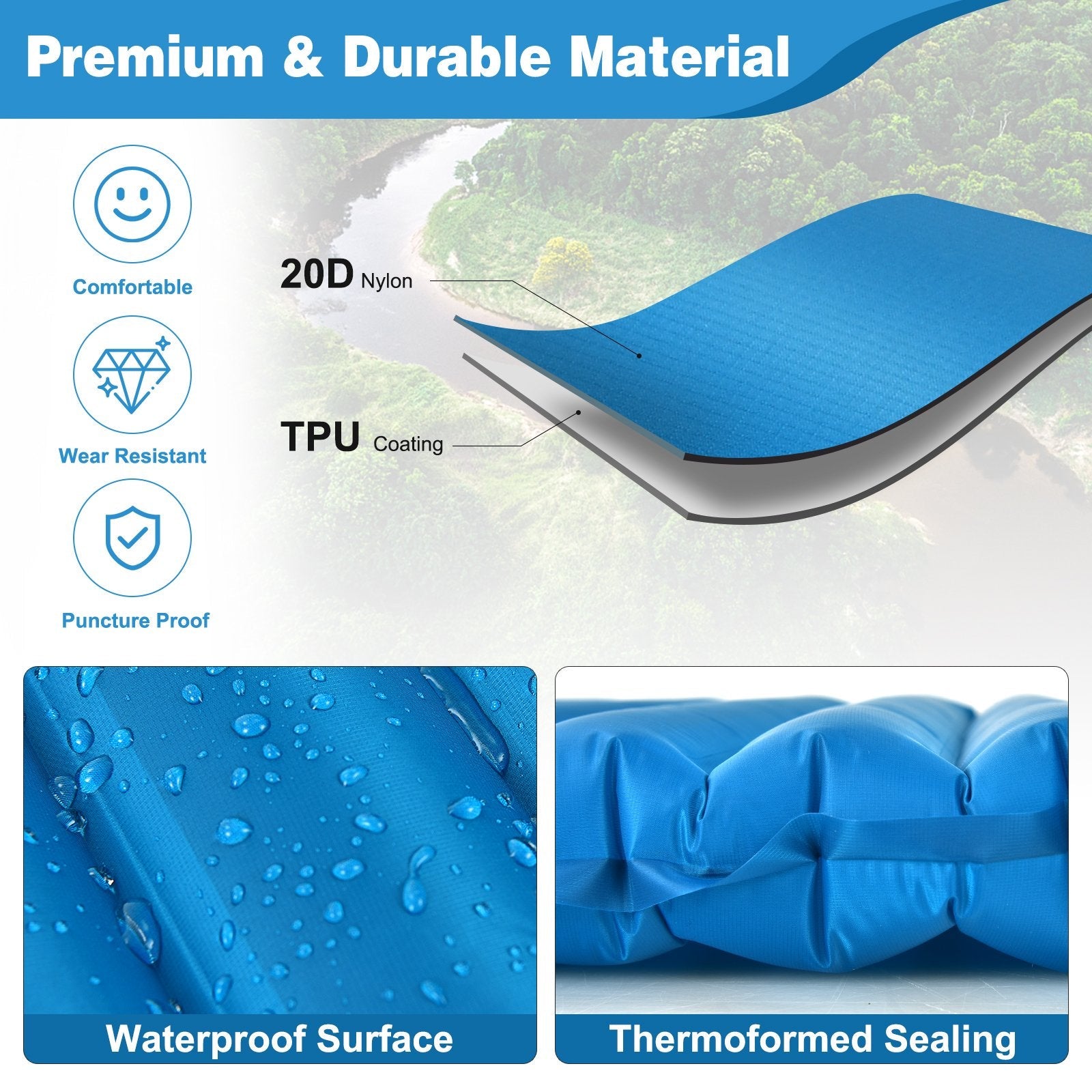 3 Inch Thick Inflatable Waterproof Camping Sleeping Pad, Blue Air Mattresses & Sleeping Bags   at Gallery Canada