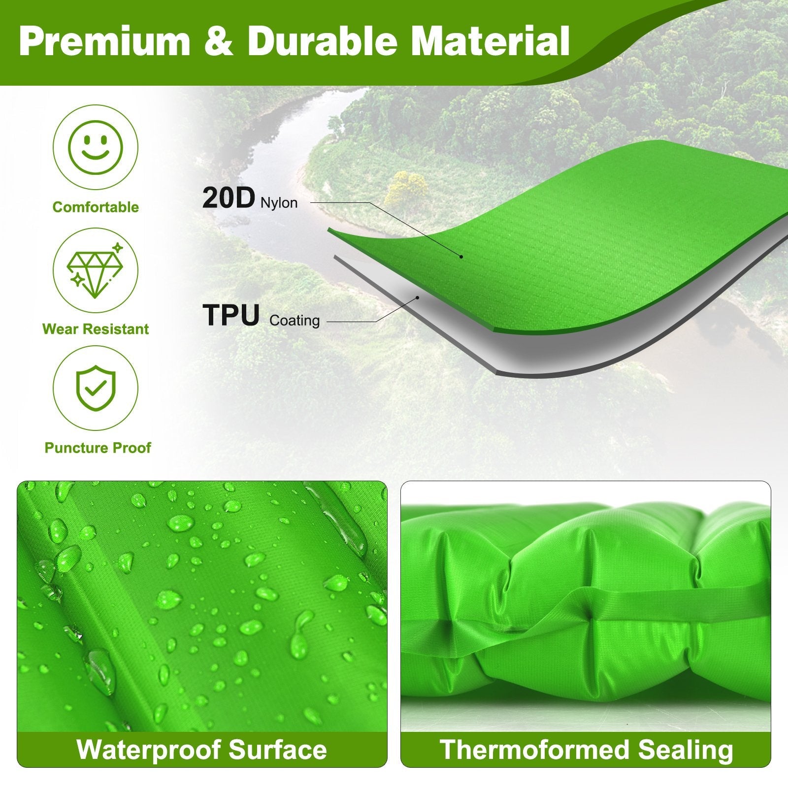 3 Inch Thick Inflatable Waterproof Camping Sleeping Pad, Green Air Mattresses & Sleeping Bags   at Gallery Canada