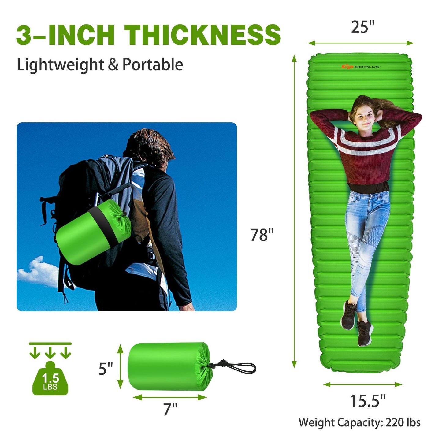 3 Inch Thick Inflatable Waterproof Camping Sleeping Pad, Green Air Mattresses & Sleeping Bags   at Gallery Canada