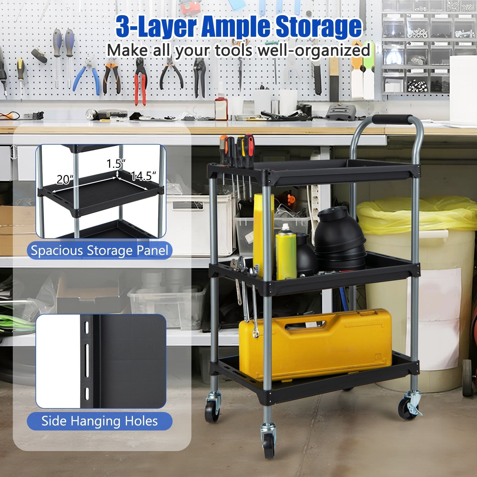 3 Layer Tool Cart with PP Shelves Sponged Handle and Swivel Wheel, Black Kitchen Islands & Carts   at Gallery Canada