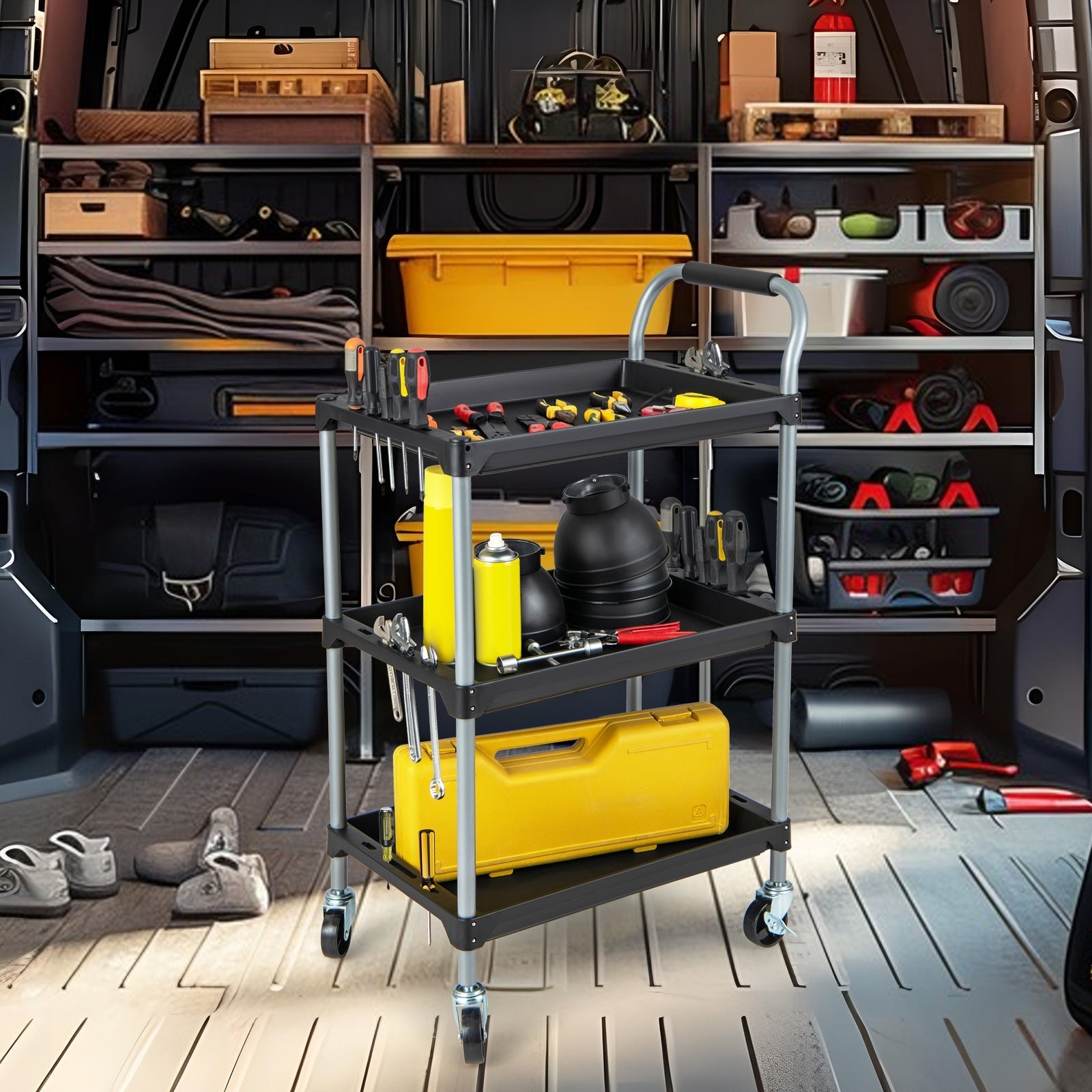 3 Layer Tool Cart with PP Shelves Sponged Handle and Swivel Wheel, Black Kitchen Islands & Carts   at Gallery Canada